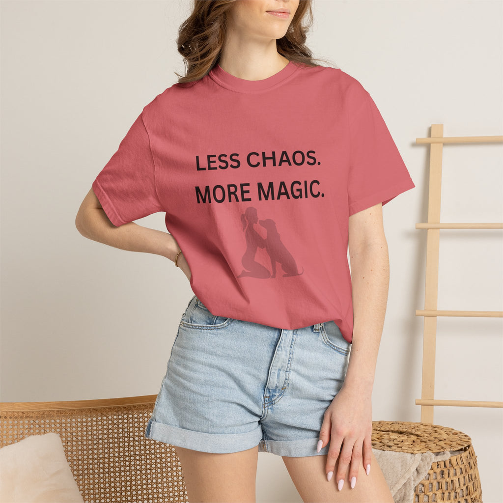 Less Chaos, More Magic T-Shirt — Woman + Dog Silhouette Graphic Tee