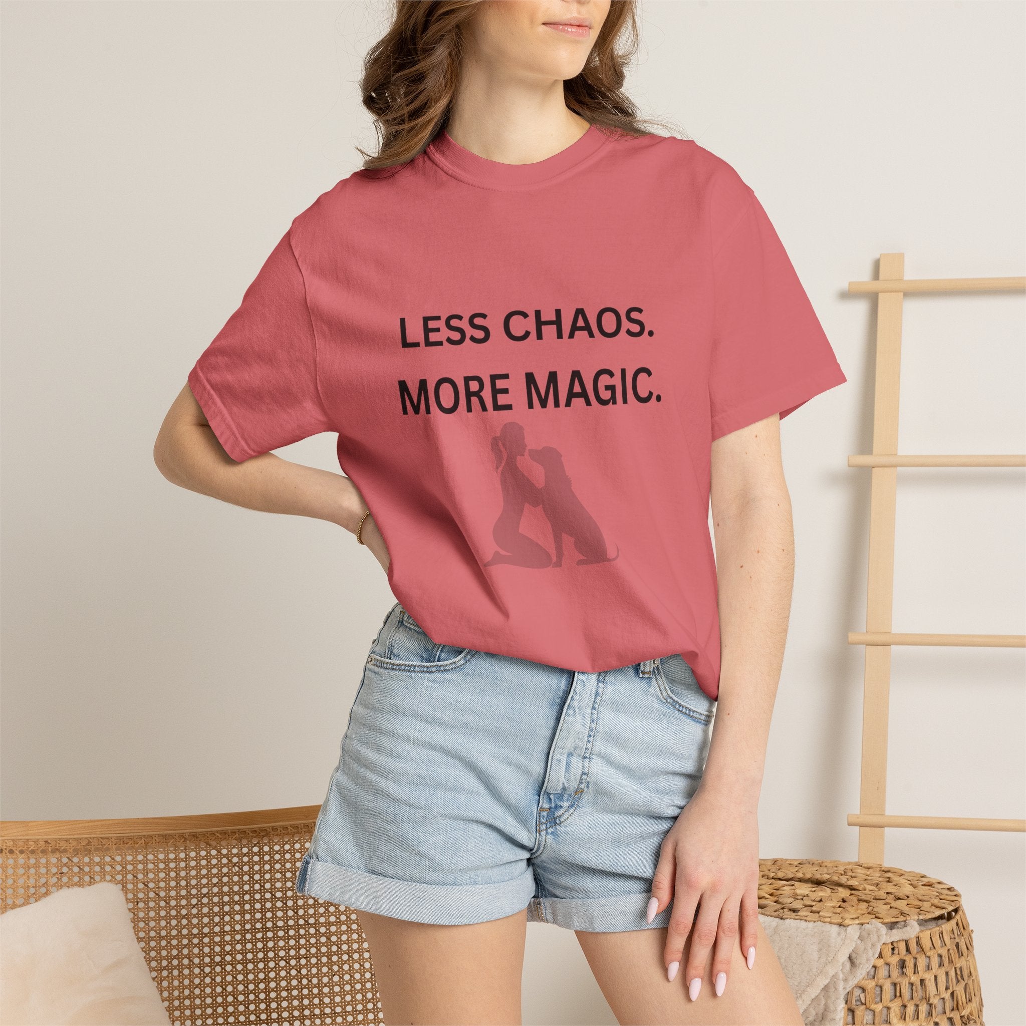 Less Chaos, More Magic T-Shirt — Woman + Dog Silhouette Graphic Tee