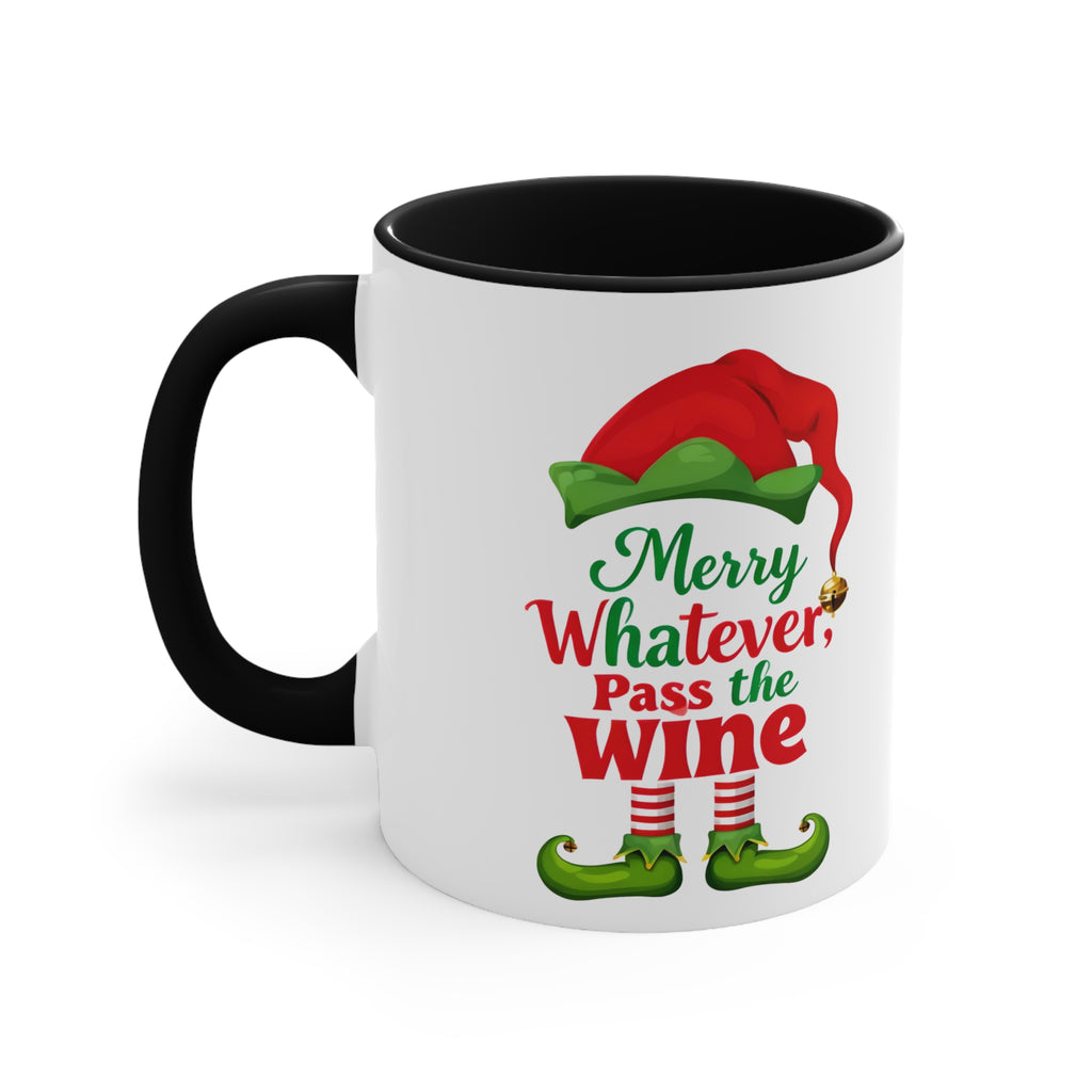Black-handled Christmas elf mug with “Merry Whatever; Pass the Wine” graphic, black top.