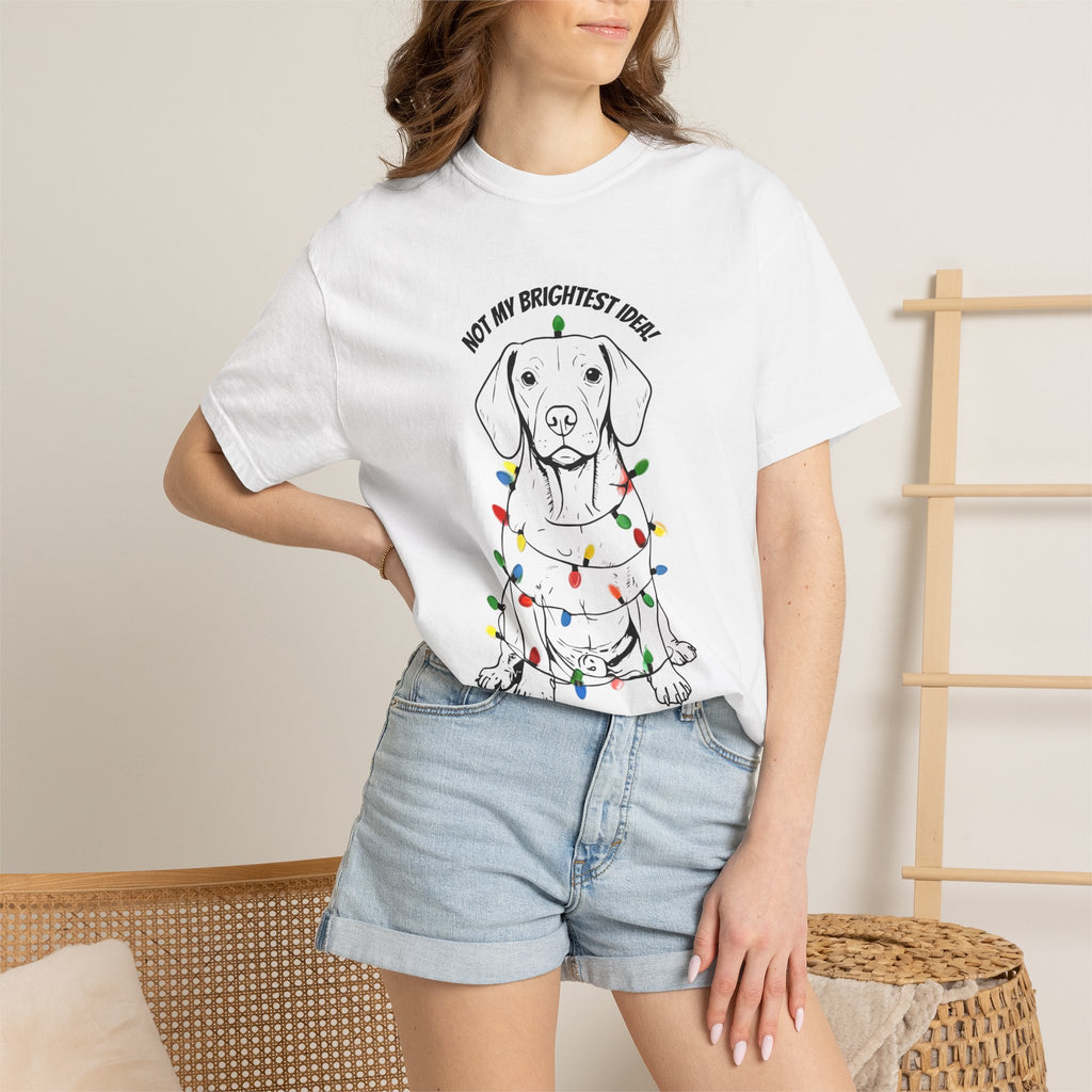 White puppy holiday lights T-shirt worn by model, crew neck and front graphic