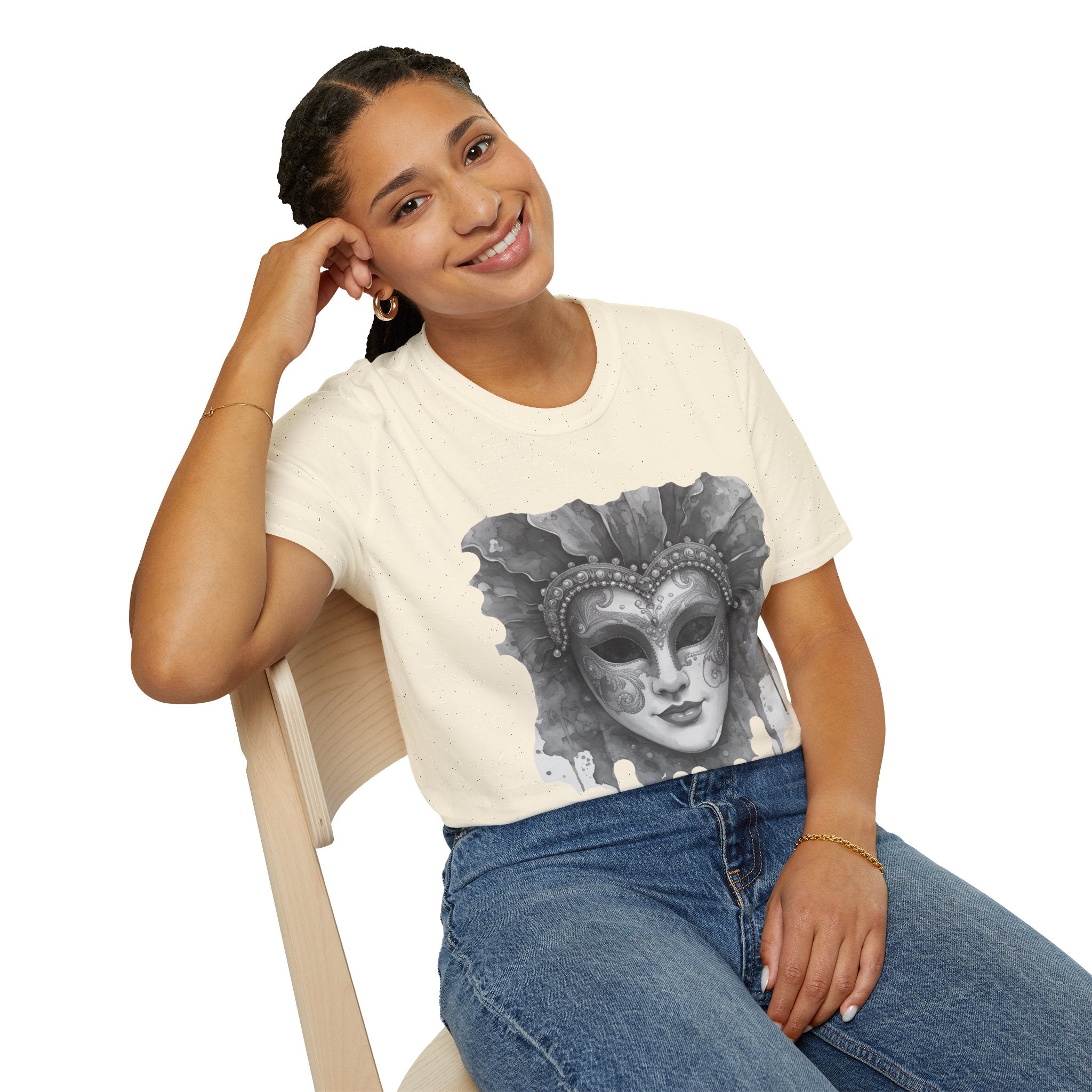 Cream crew-neck T-shirt with watercolour-style masquerade mask graphic on front