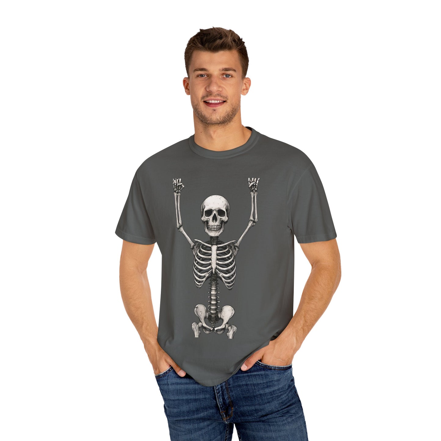 Hands Up Skeleton Graphic T-shirt, Unisex Vintage Tee for Halloween, Casual Wear, Skeleton Art, Gift for Spooky Lovers, Festival Apparel