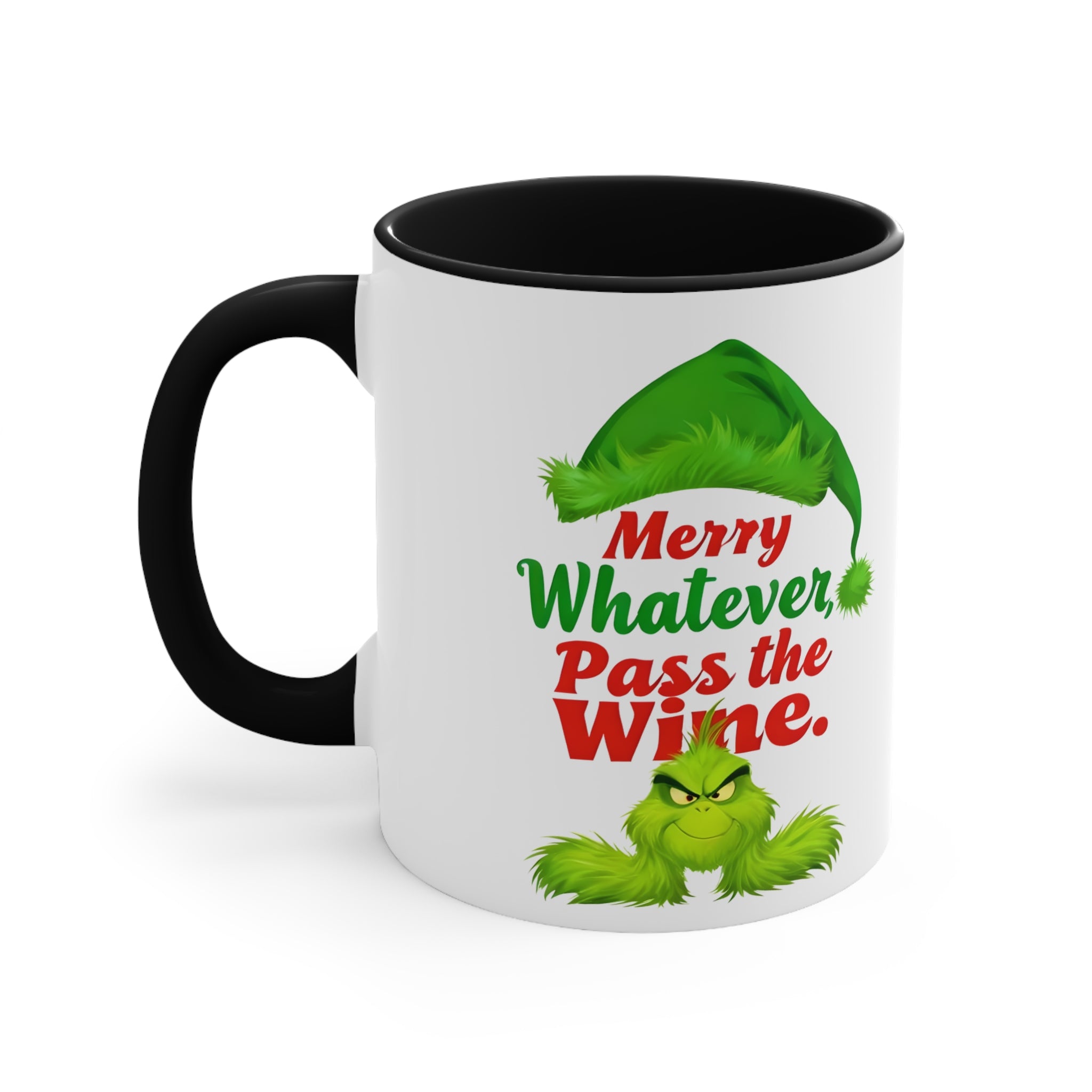 White mug with black rim and handle; green character graphic, 'Merry Whatever Pass the Wine.'