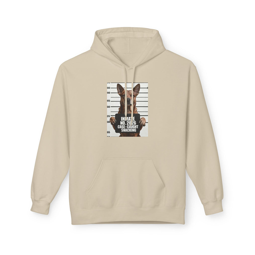 Sand pullover hoodie with front kangaroo pocket and dog mugshot graphic
