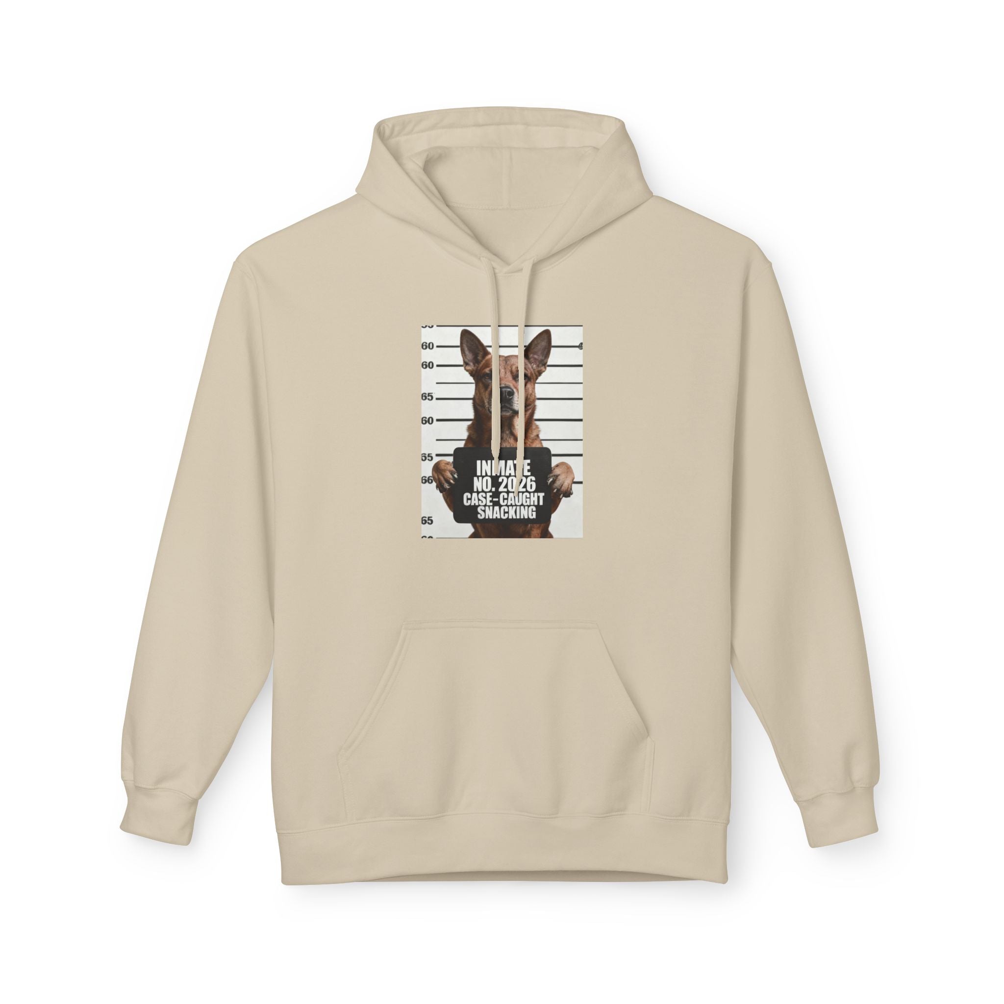 Sand pullover hoodie with front kangaroo pocket and dog mugshot graphic