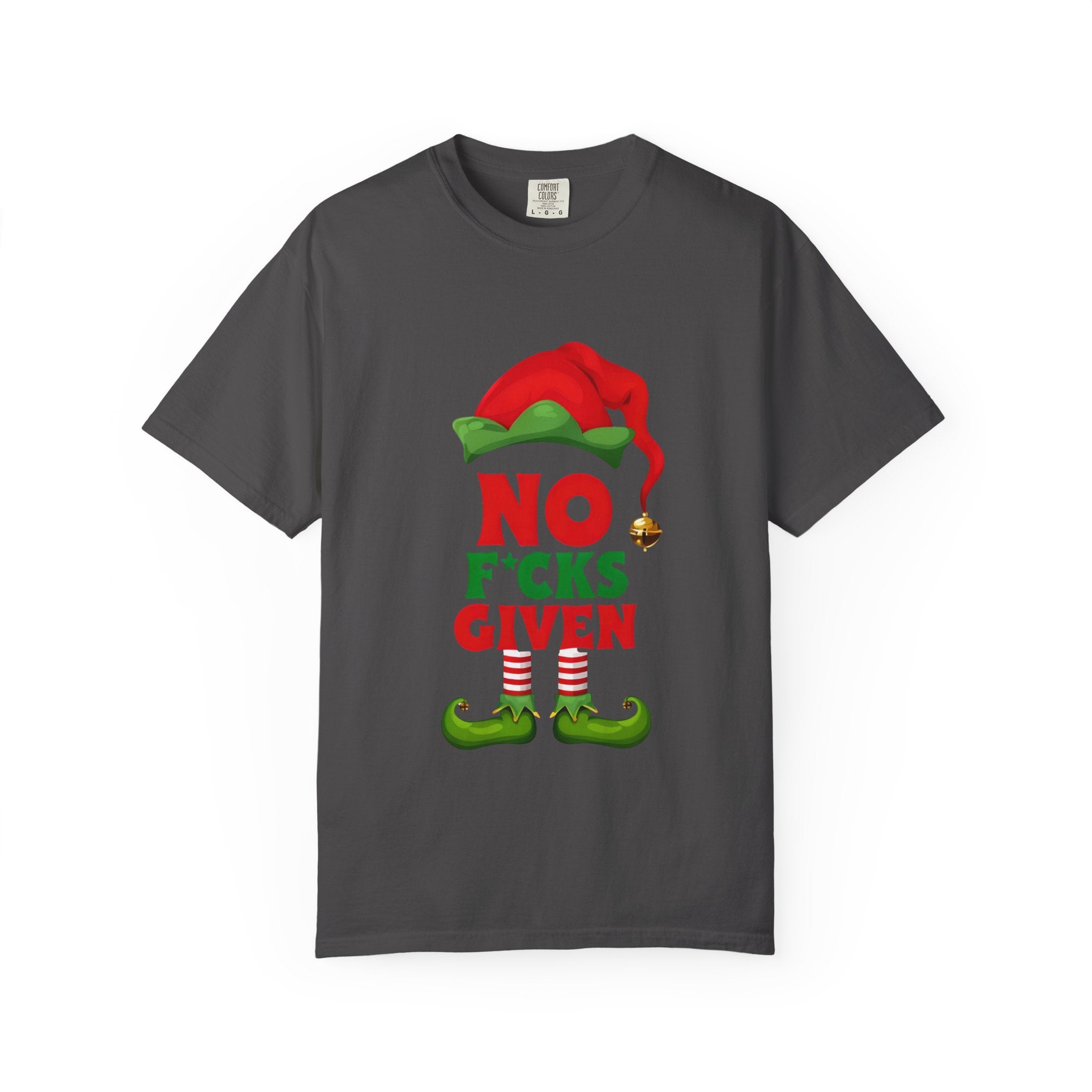 Graphite t-shirt with elf graphic and “No F*cks Given” front text