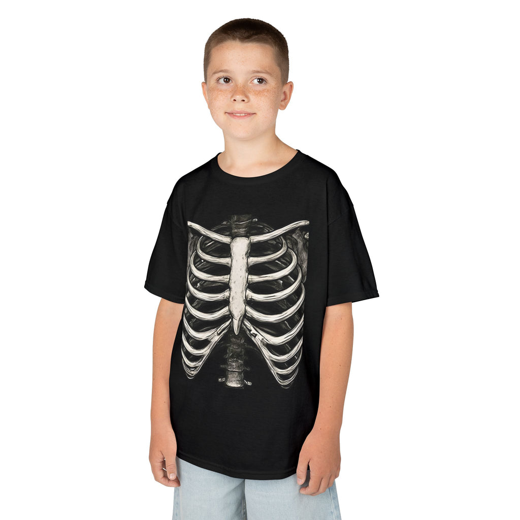 Black kids T-shirt with ribcage skeleton graphic, short sleeves, crew neck
