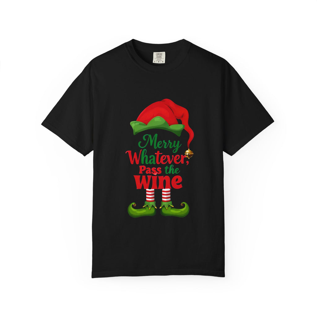 Black crewneck Christmas wine tee with red and green elf wine bottle front print