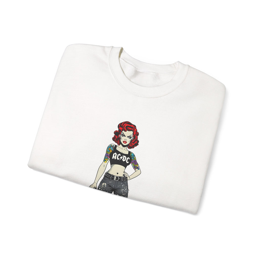 White sweatshirt with partial comic-style AC/DC rock girl graphic at chest