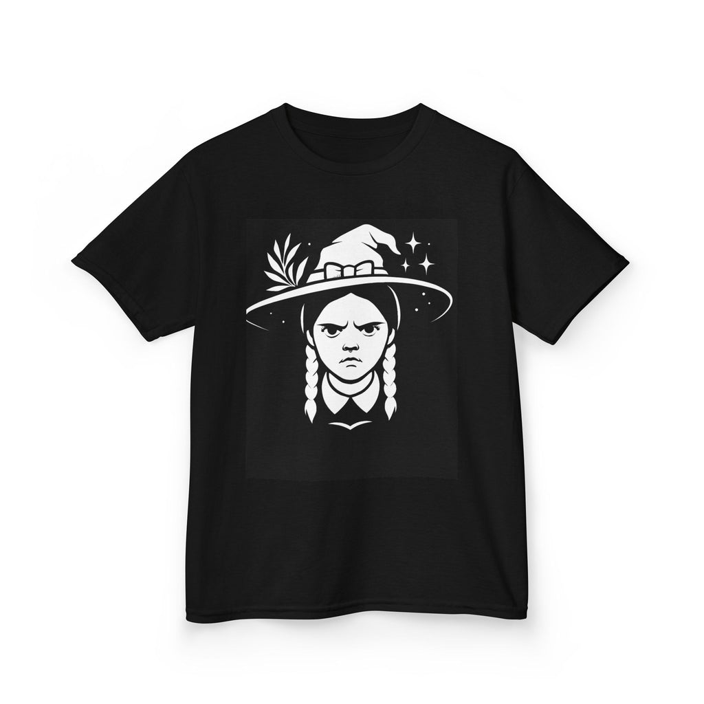 Kids black witch graphic T-shirt with large portrait and star wand hat print