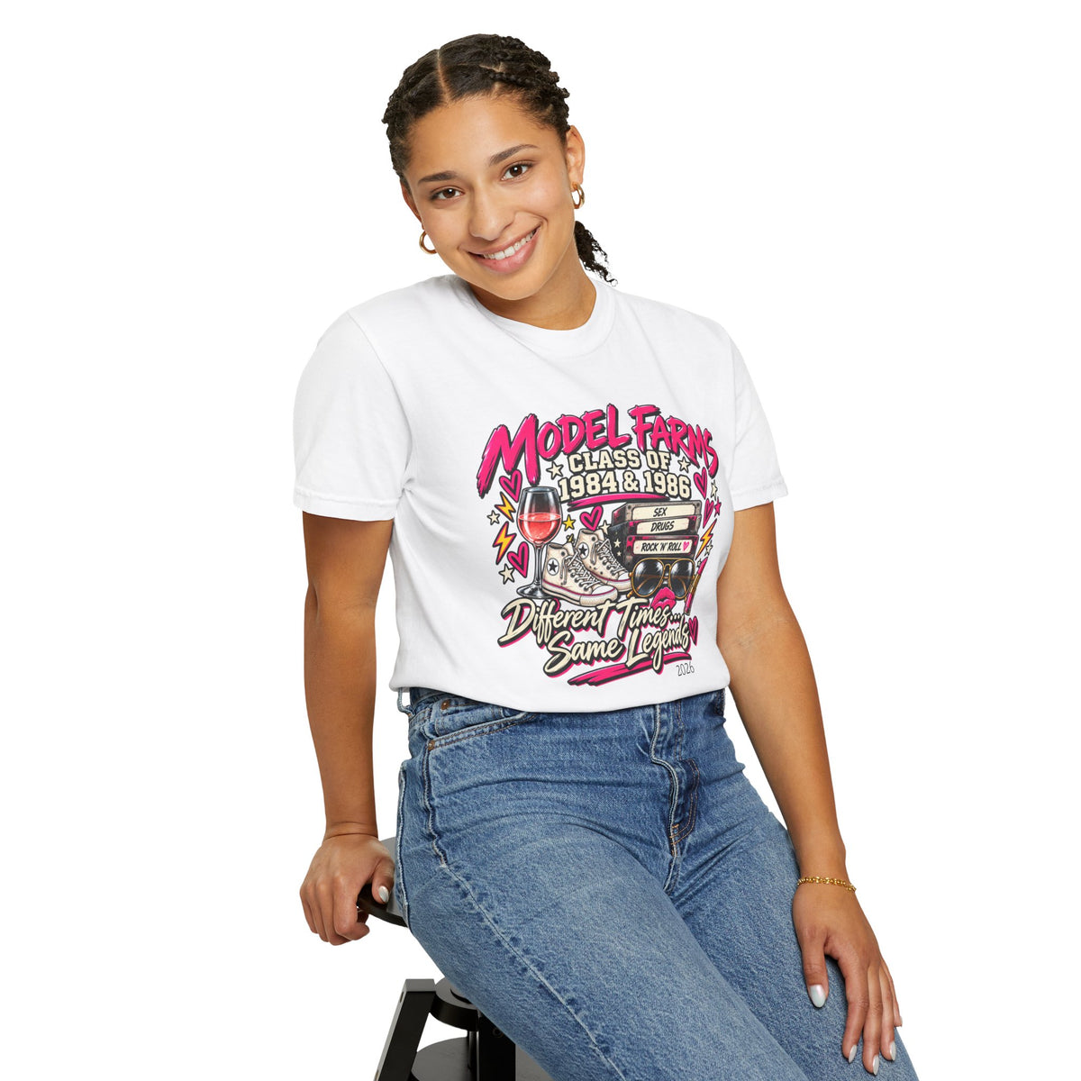 White crewneck T-shirt with large colorful retro class graphic