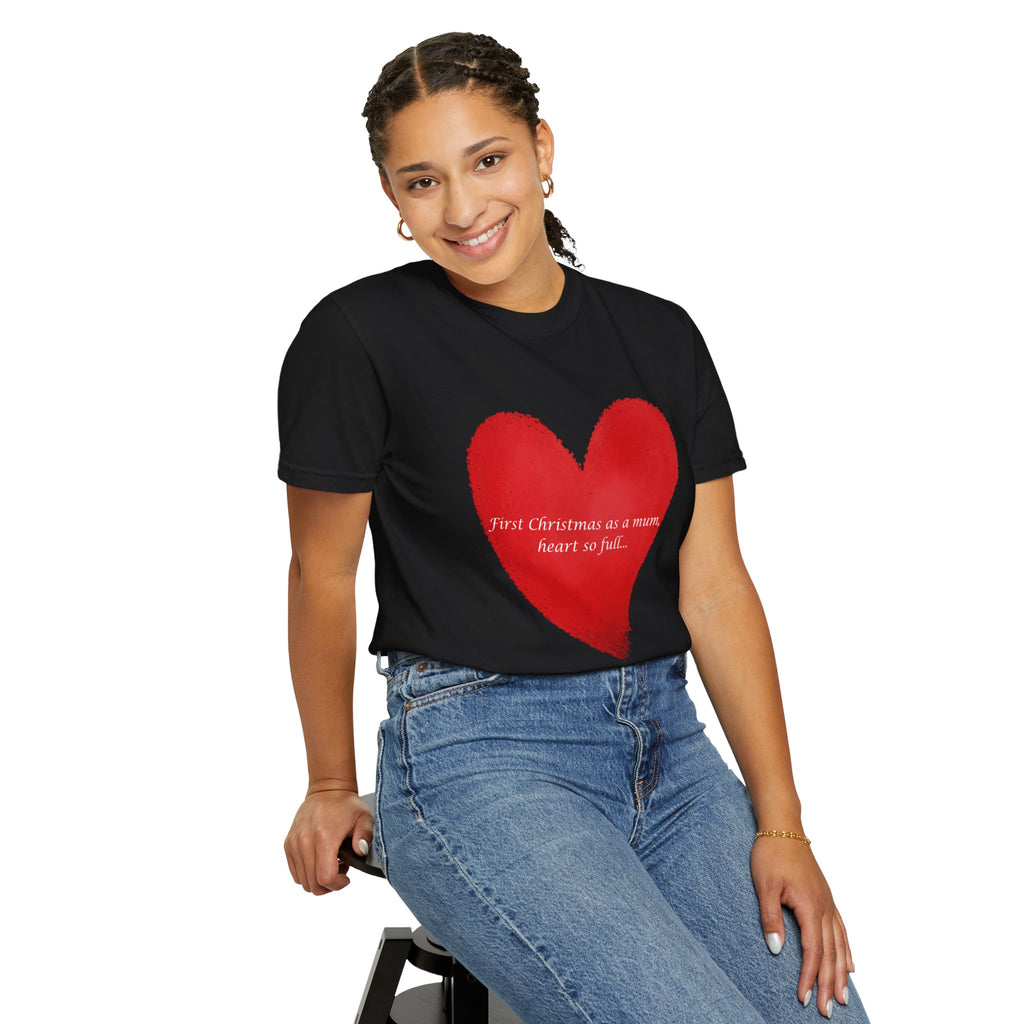 Black T-shirt with red heart brushstroke graphic and cursive “First Christmas as a mum” text