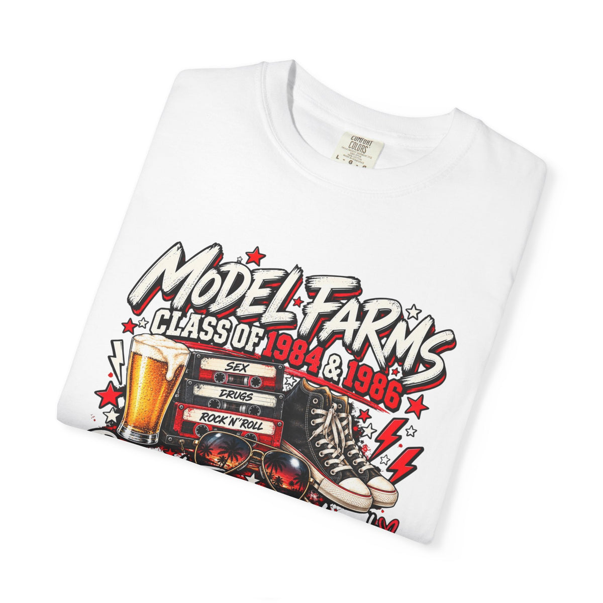 White crewneck T-shirt with large front “Model Farms” class graphic, beer mug and boots