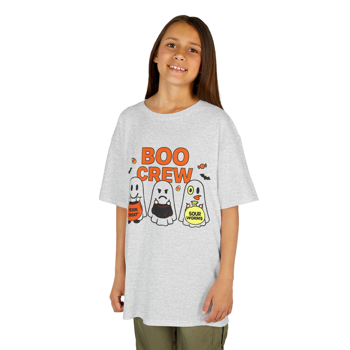 Kids ash Halloween T-shirt with orange 'Boo Crew' ghost graphic