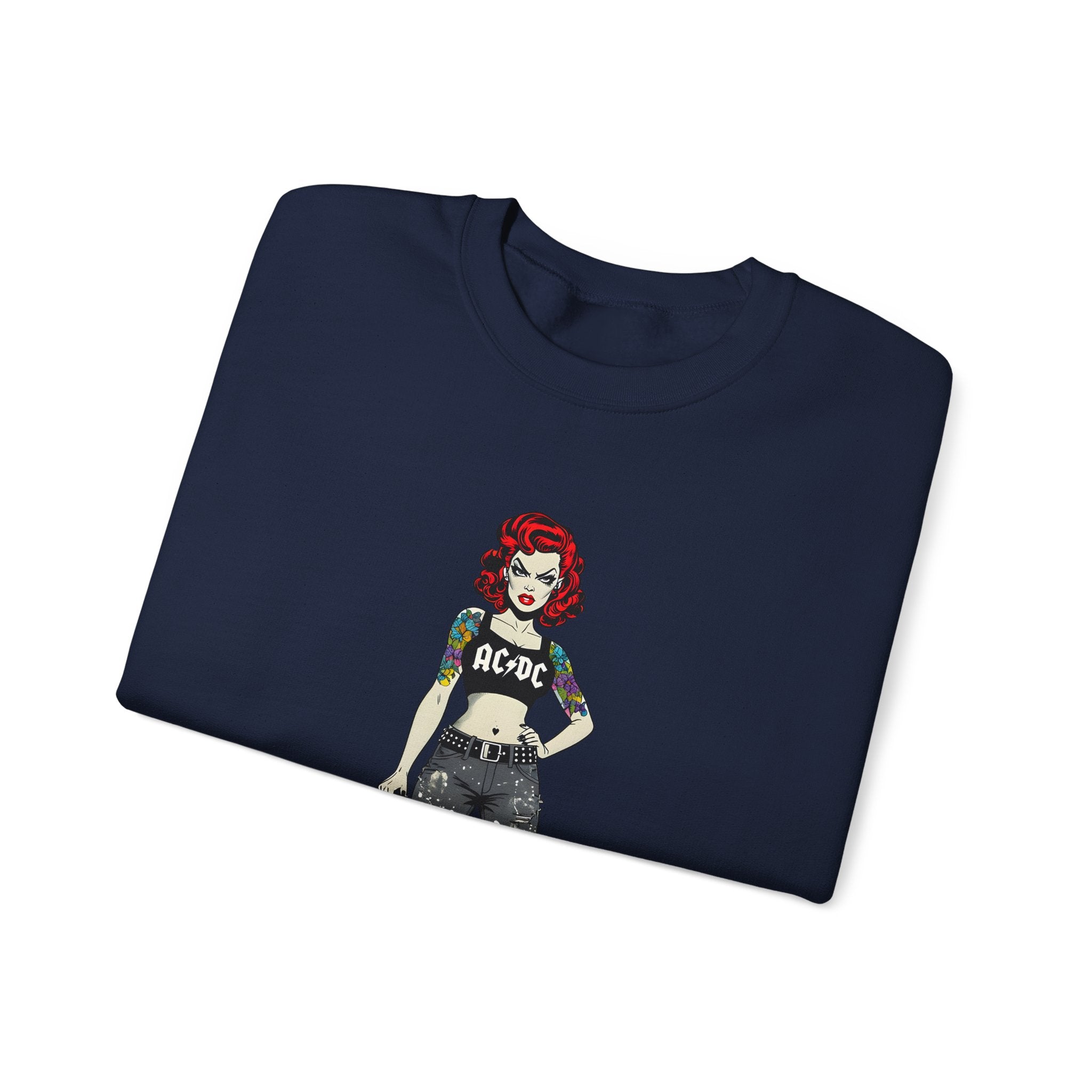 Navy sweatshirt with comic-style AC/DC girl graphic on front