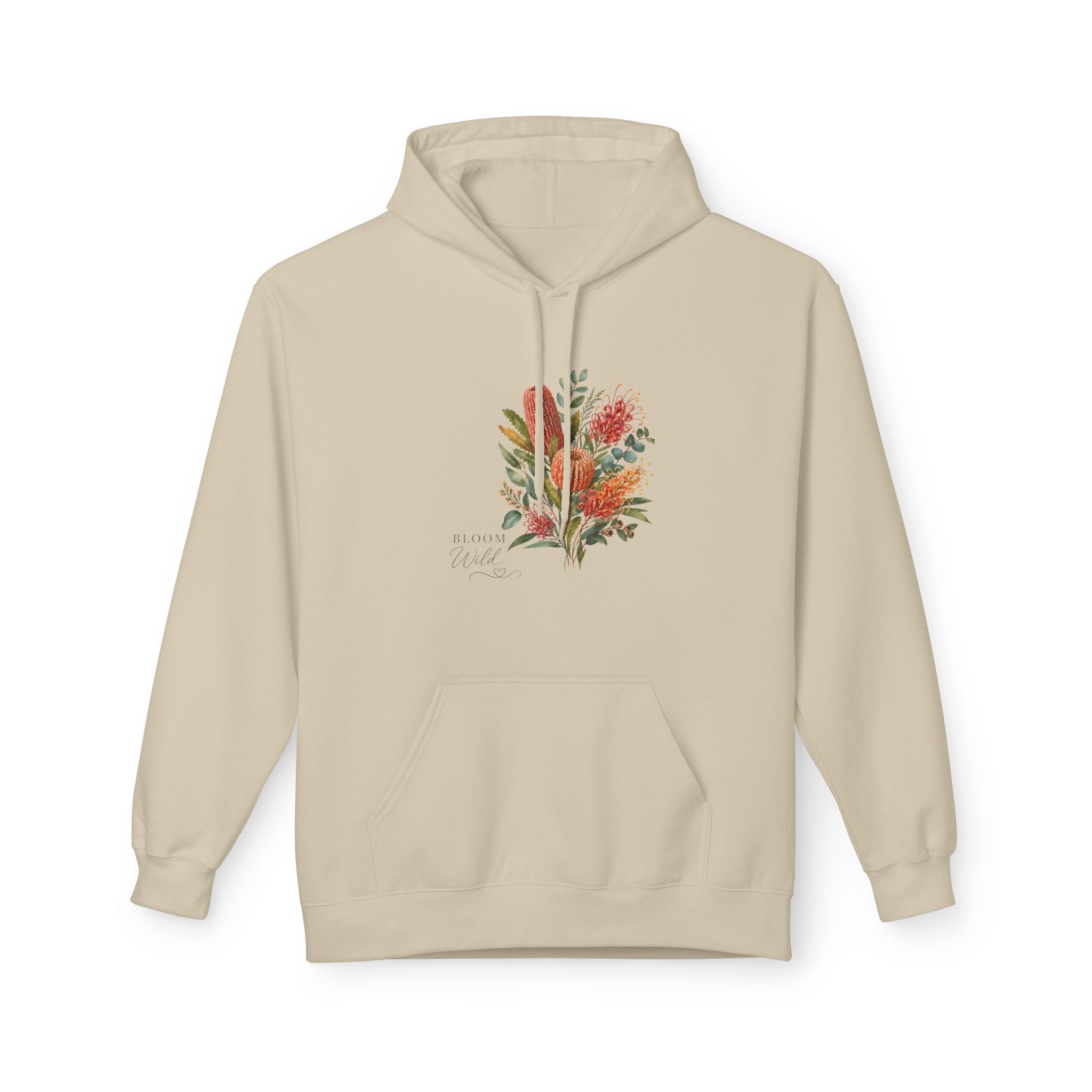 Sand floral bouquet hoodie with watercolor wildflower graphic and front kangaroo pocket