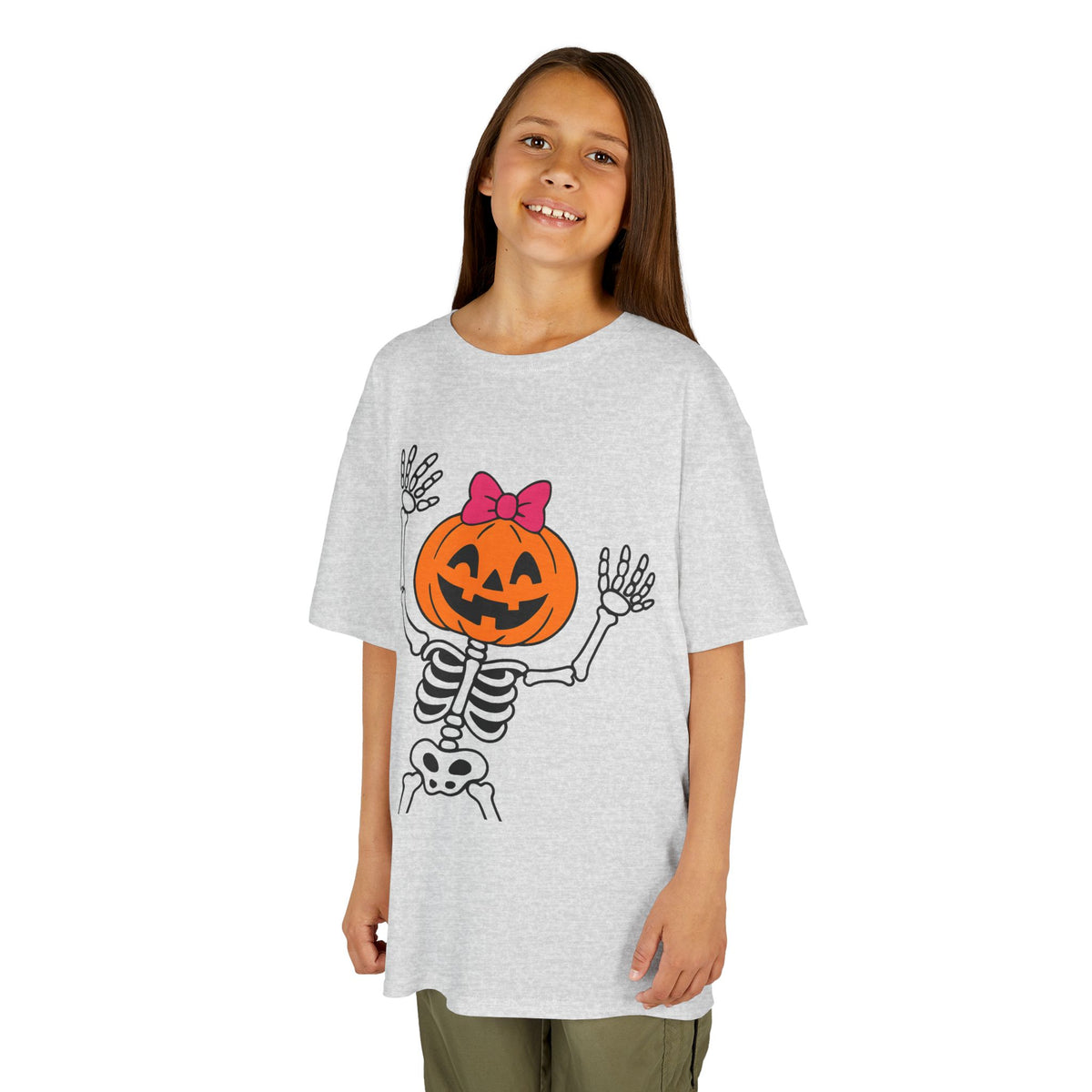 Heather ash gray kids Halloween skeleton pumpkin graphic T-shirt, short sleeves, crew neck