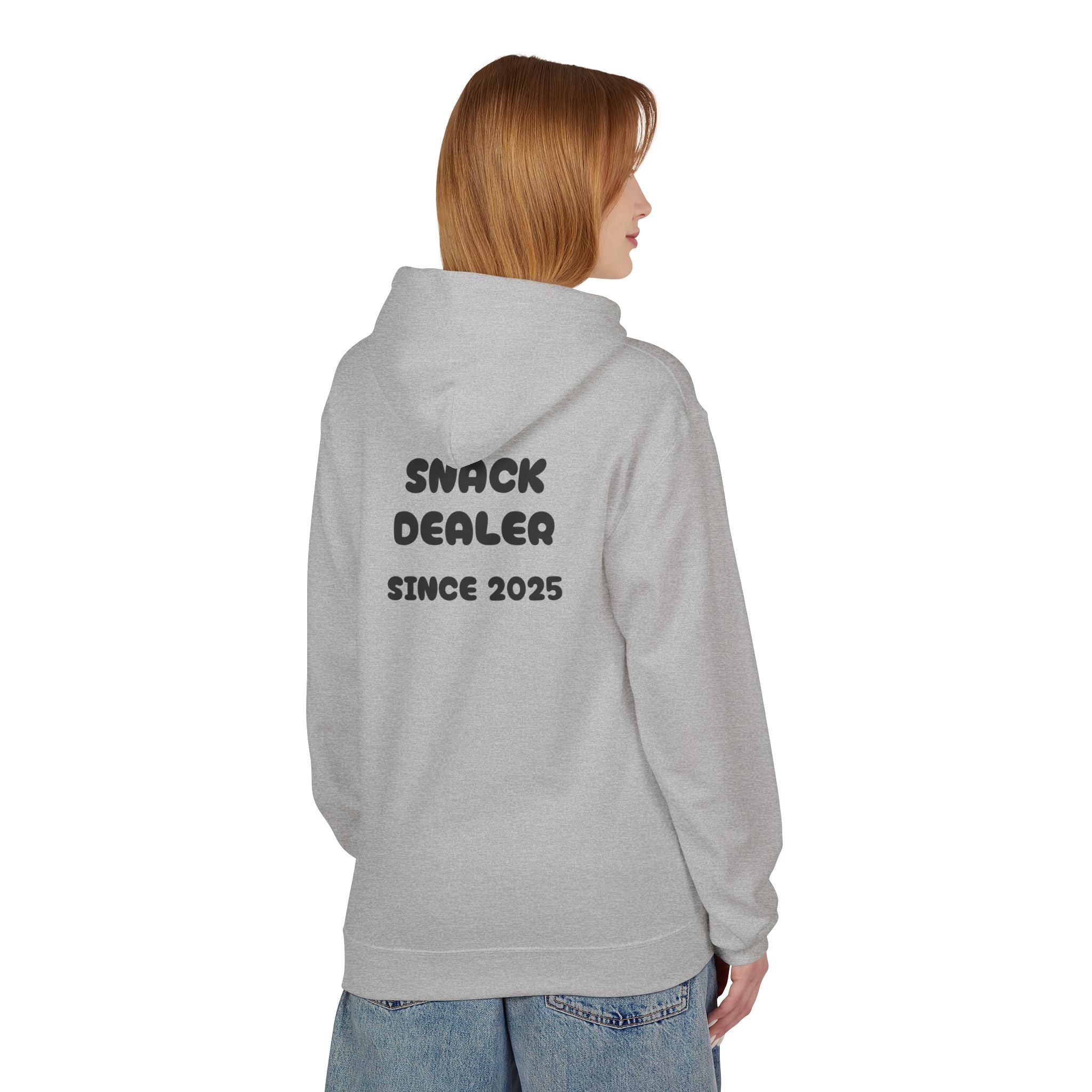 Sport grey hoodie back view with kangaroo pocket and 'SNACK DEALER SINCE 2025' print