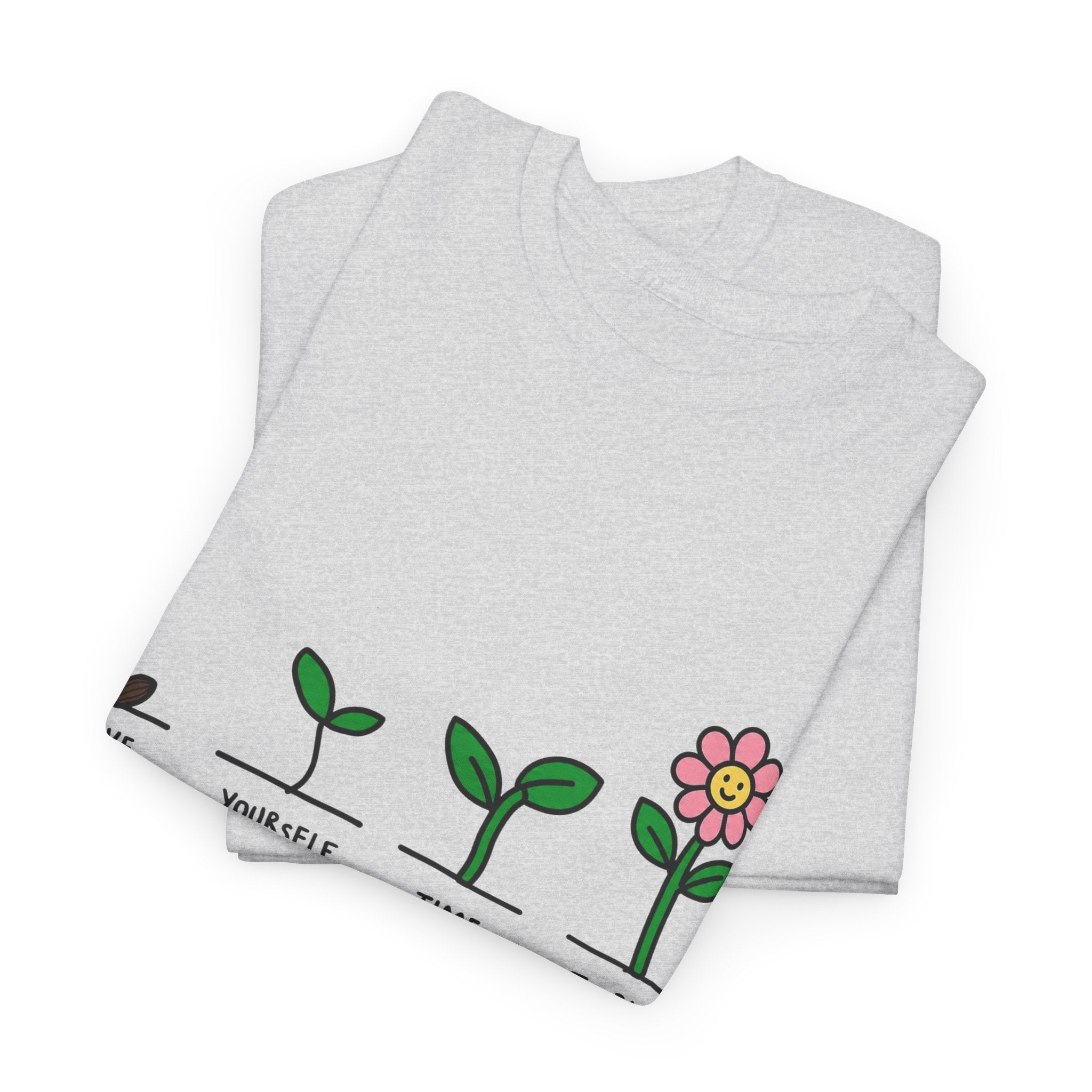 Light gray graphic t-shirt with green plant growth line and pink flower print on front