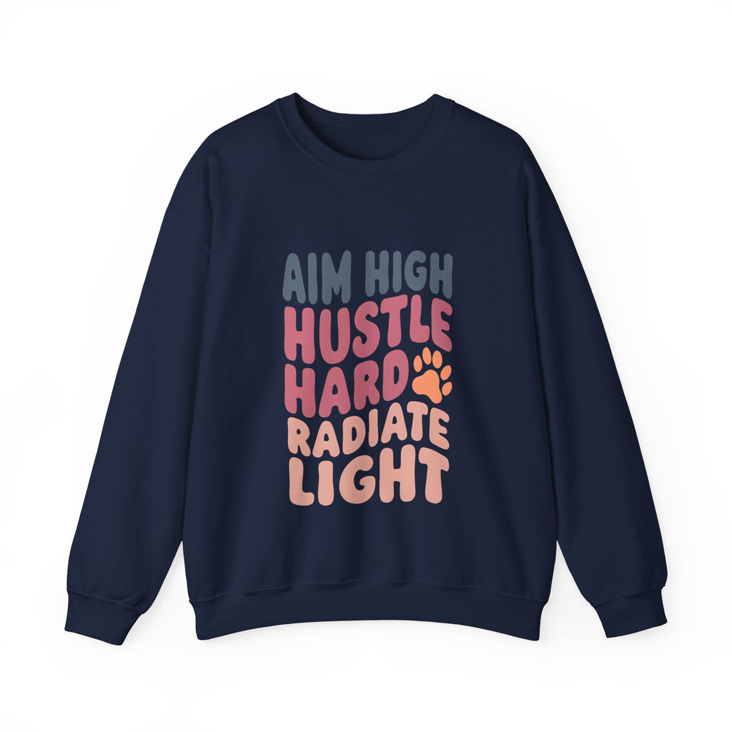 Unisex crewneck sweatshirt, navy, with multicolor “AIM HIGH” stacked graphic on front