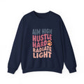 Unisex crewneck sweatshirt, navy, with multicolor “AIM HIGH” stacked graphic on front