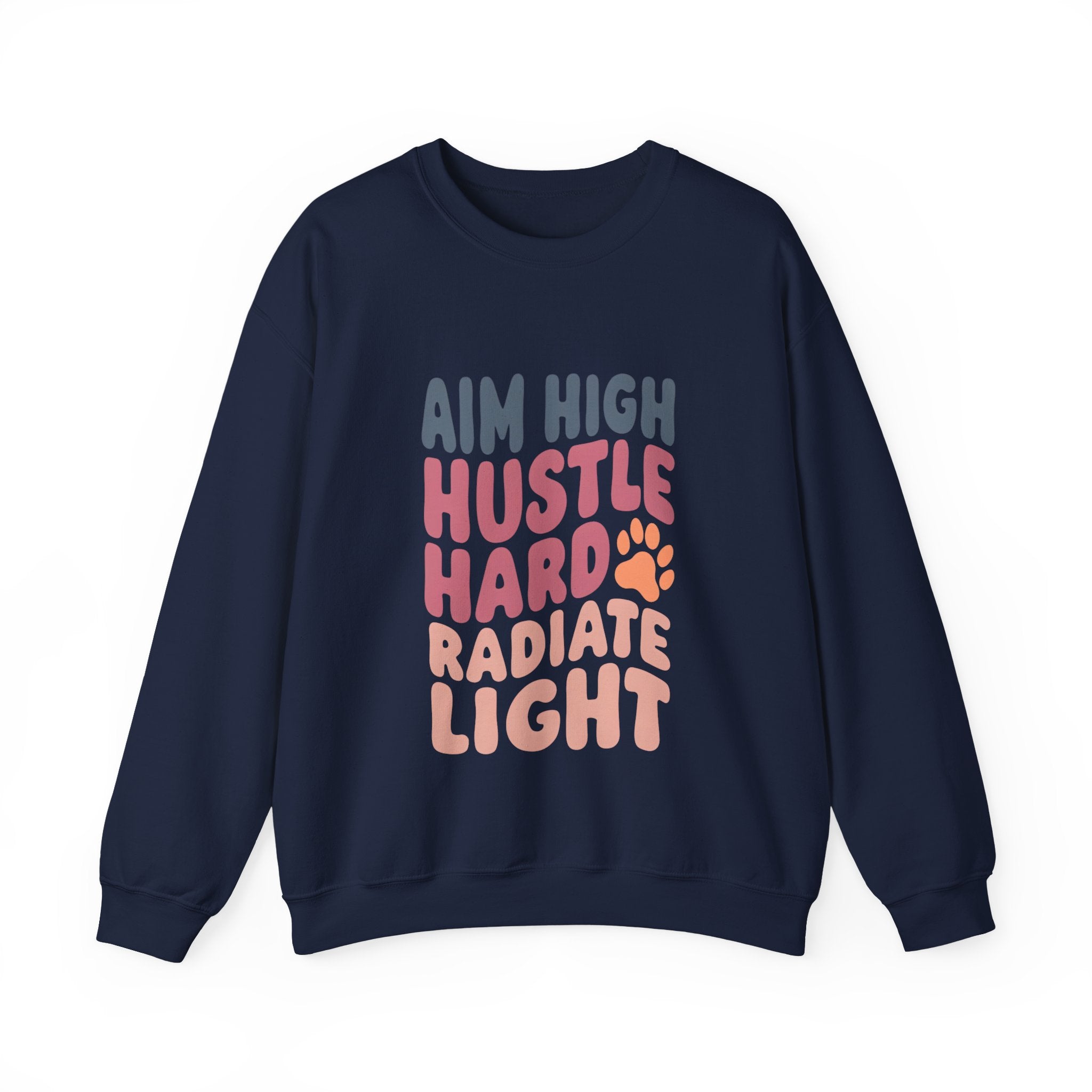 Unisex crewneck sweatshirt, navy, with multicolor “AIM HIGH” stacked graphic on front