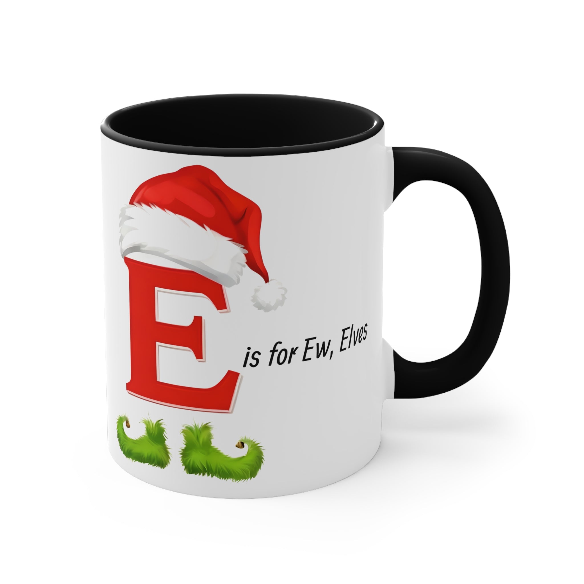 White mug with black handle, letter E with Santa hat and green elf word art