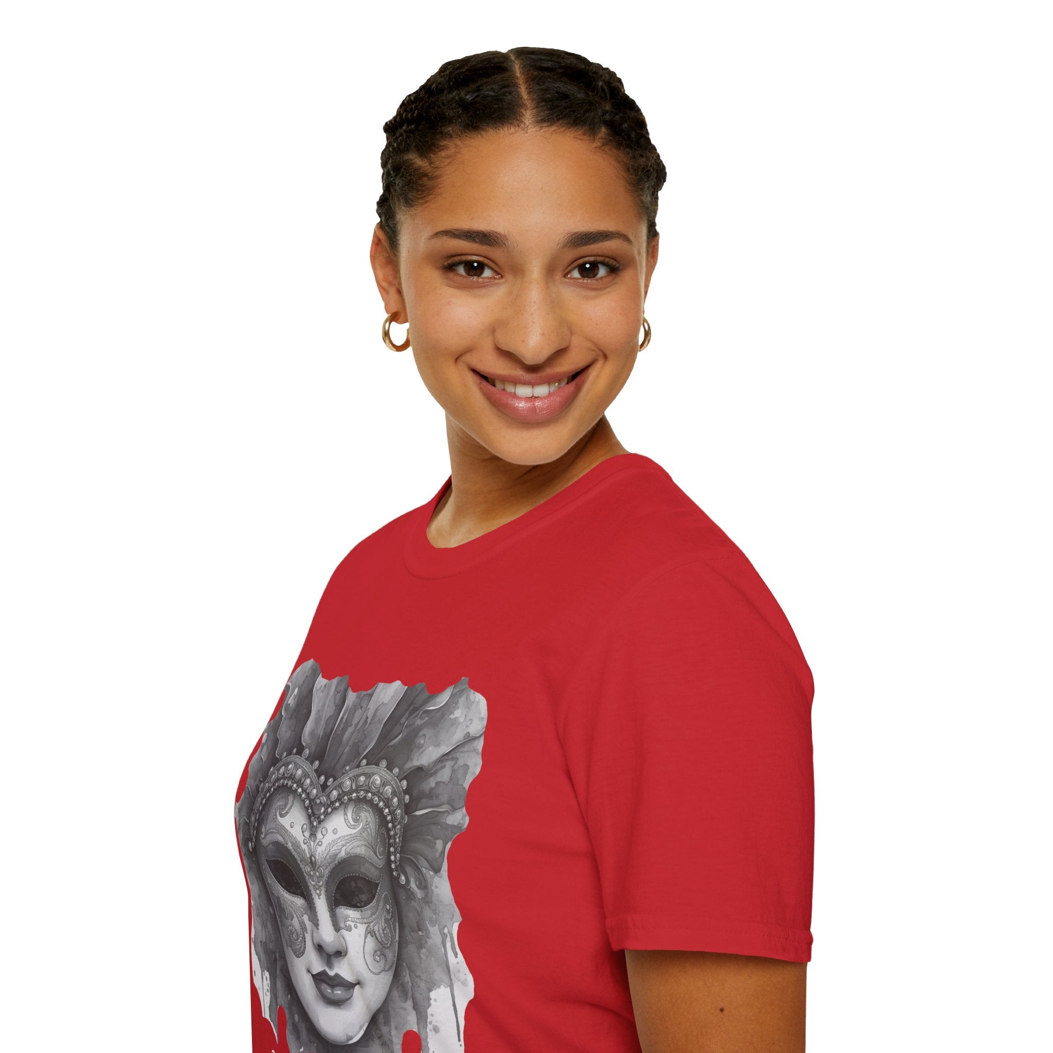 Red crewneck t-shirt with partial watercolor masquerade mask print on left chest
