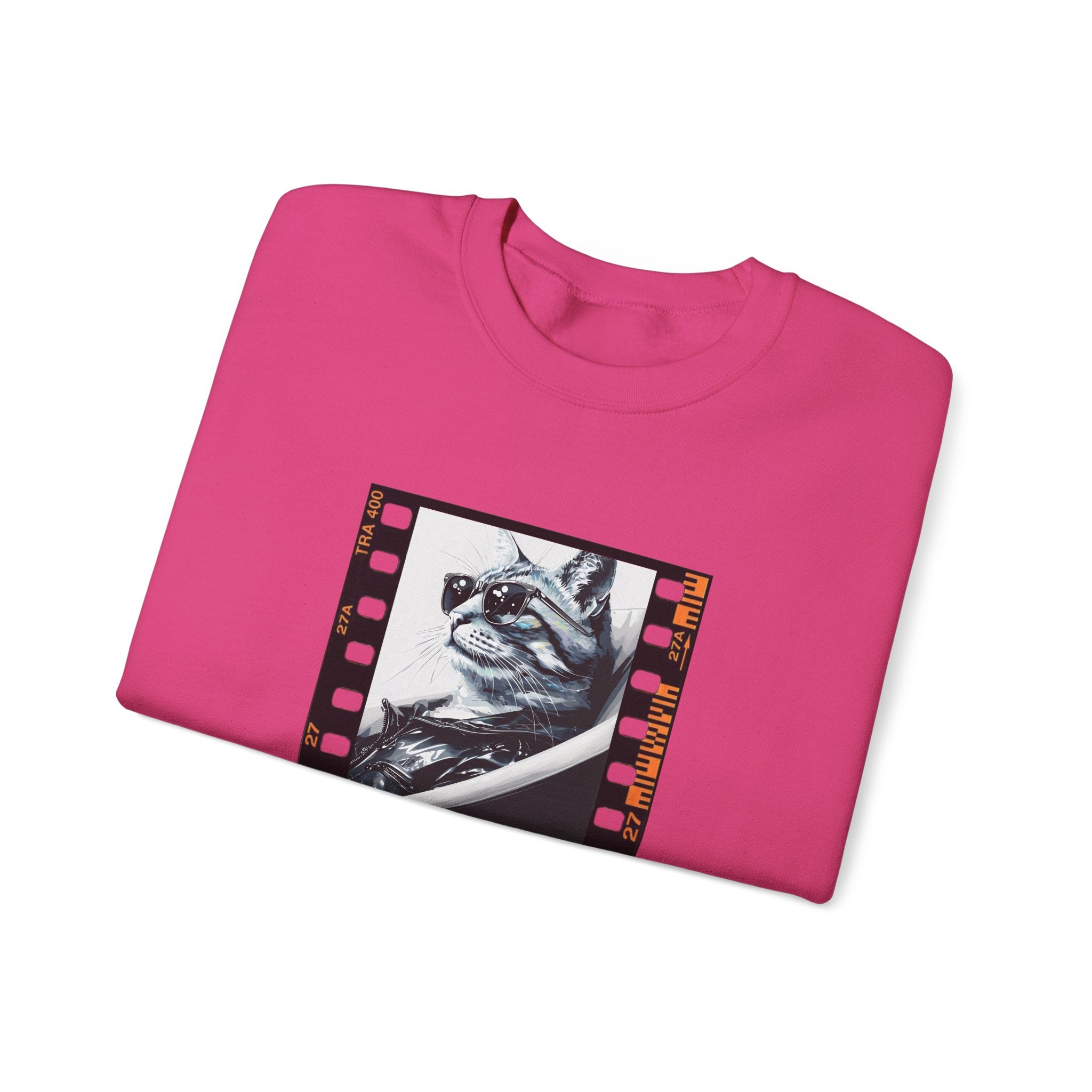 Fuchsia crewneck sweatshirt with framed cat photo graphic on the front
