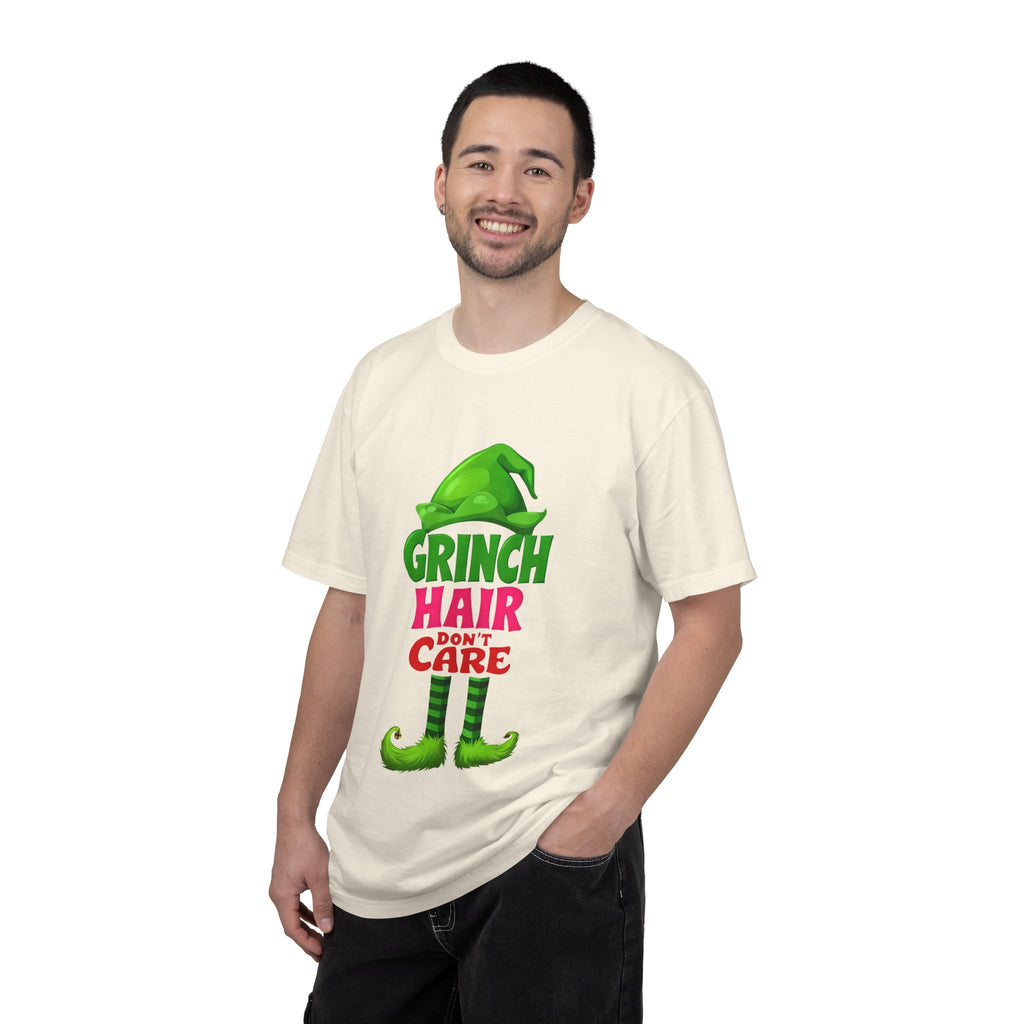 Light-colored crew-neck graphic t-shirt with green and pink Grinch hair care front print