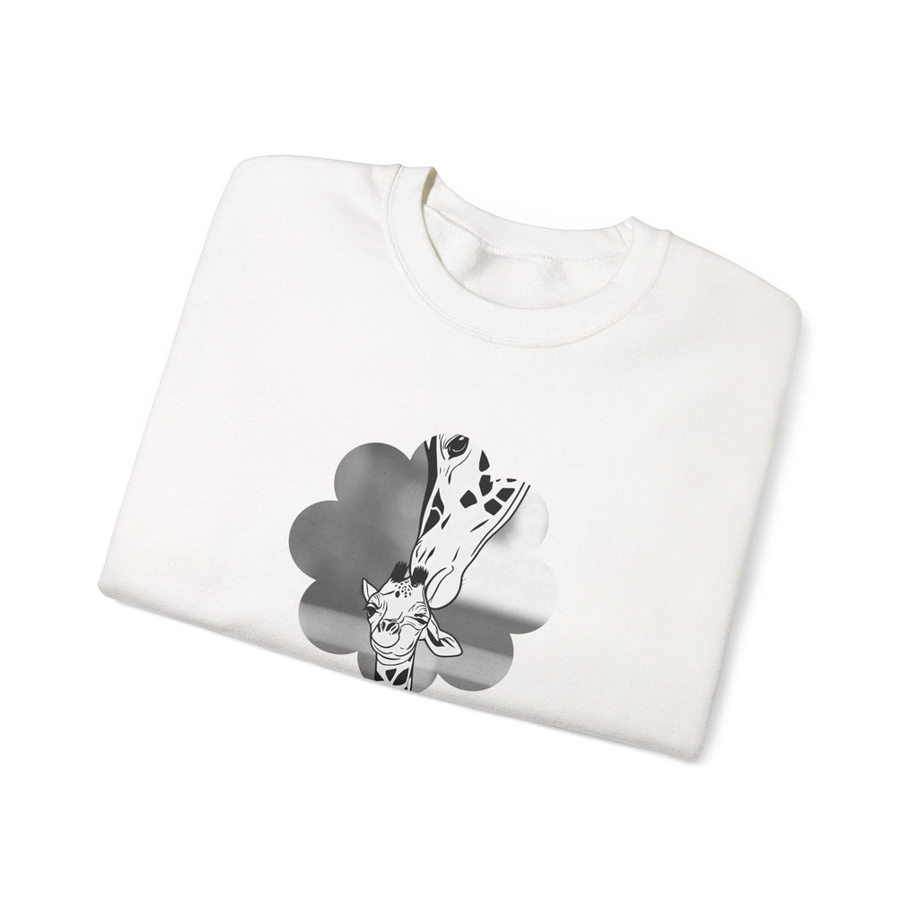 White crewneck sweatshirt with black-and-white giraffe graphic on a cloud shape