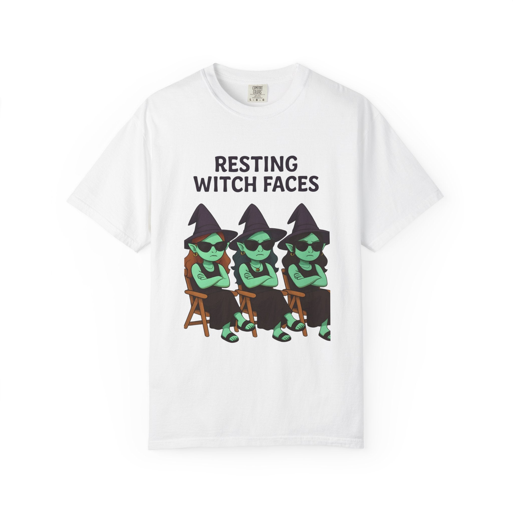 White T-shirt with “RESTING WITCH FACES” text and green witch faces graphic