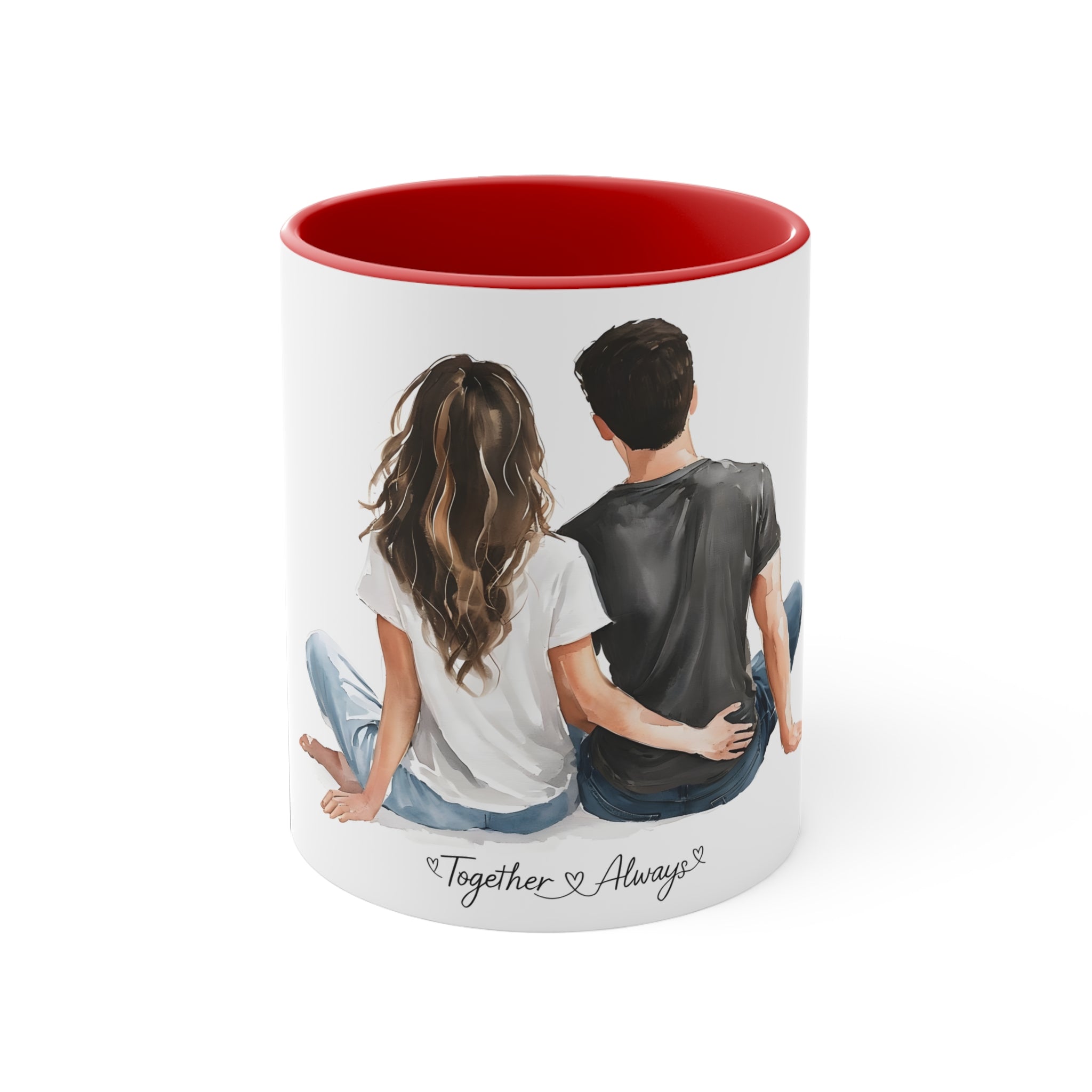 Ceramic mug with red rim, couple photo print, and “Together Always” text on front