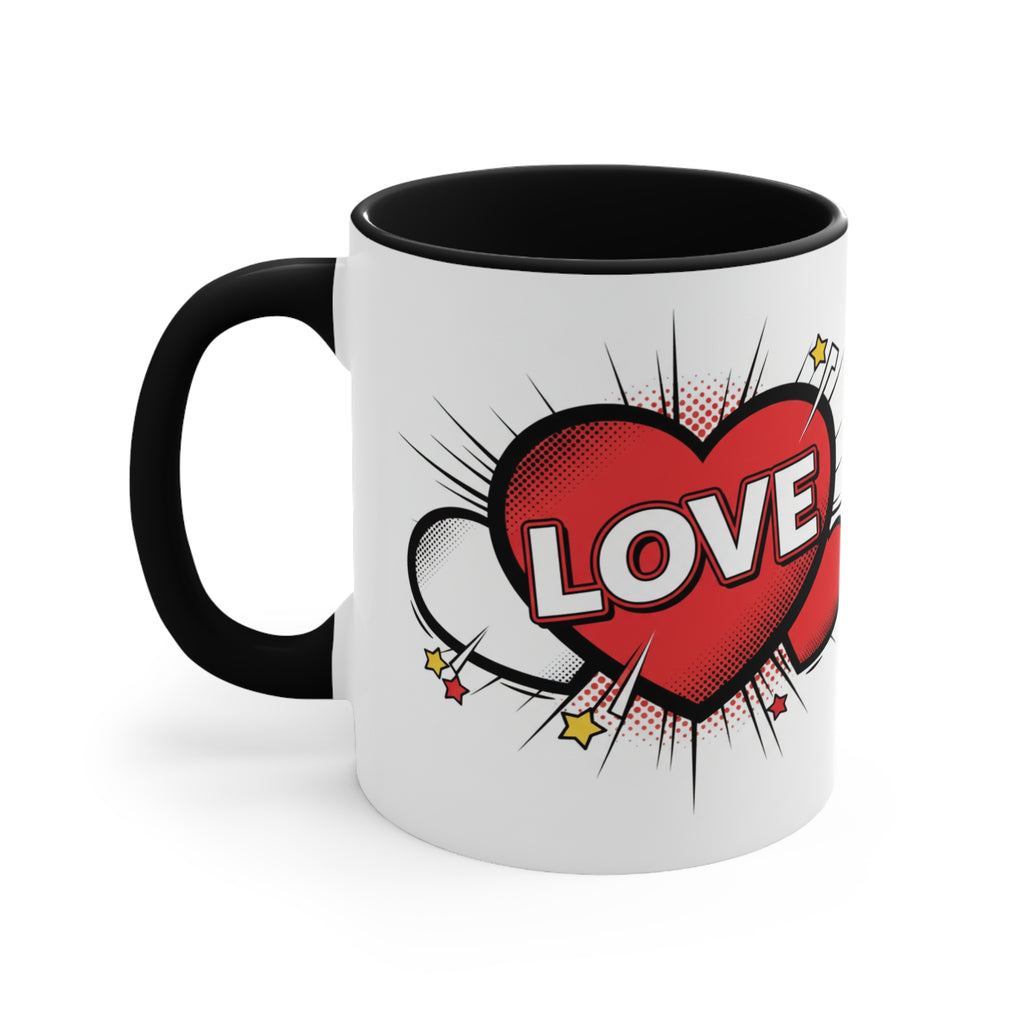 Black-accent white mug with bold LOVE heart graphic in red; comic-style burst