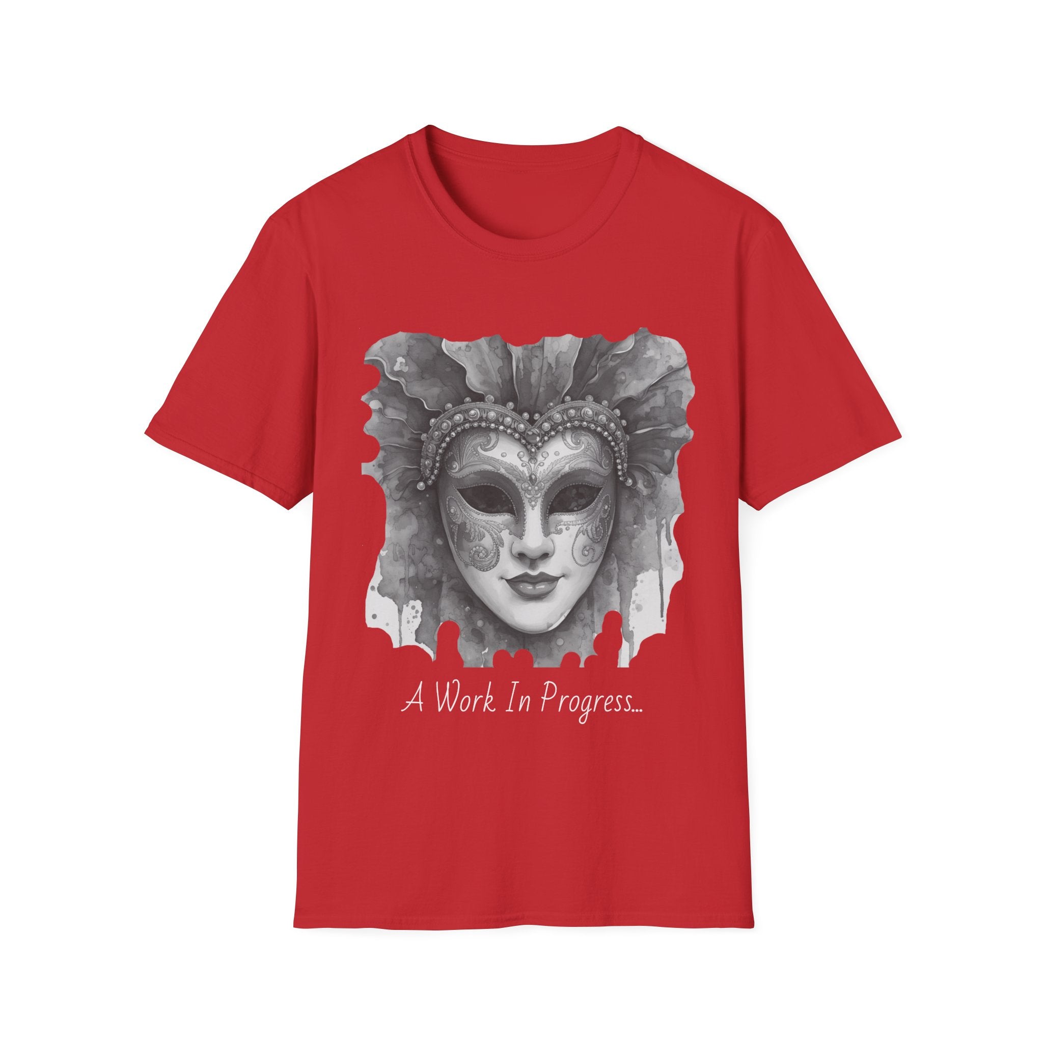 Red face T-shirt with masquerade mask graphic and 'Work In Progress' print