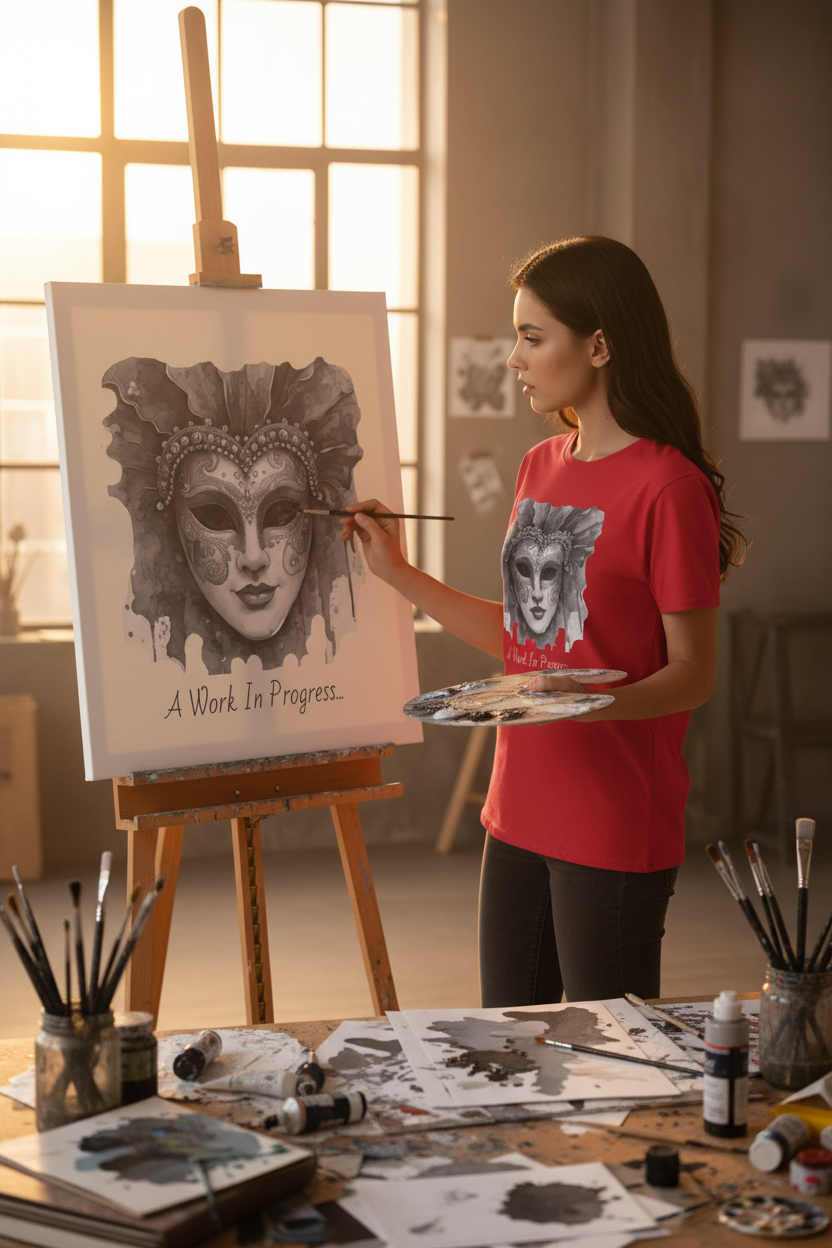 Red face graphic t-shirt with watercolor mask and caption "Work in Progress"