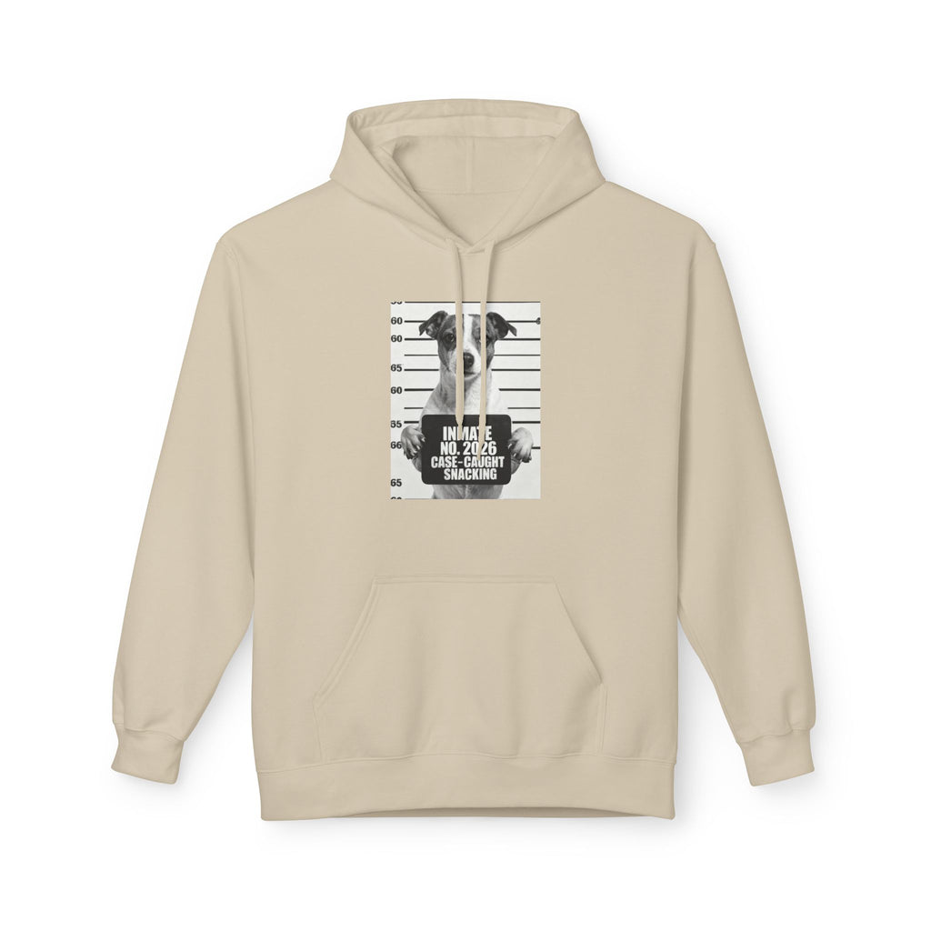 Sand hoodie with front kangaroo pocket, drawstring hood, and dog graphic on chest