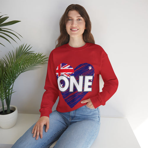 Red crewneck sweatshirt with Australia flag heart graphic and 'ONE' front print
