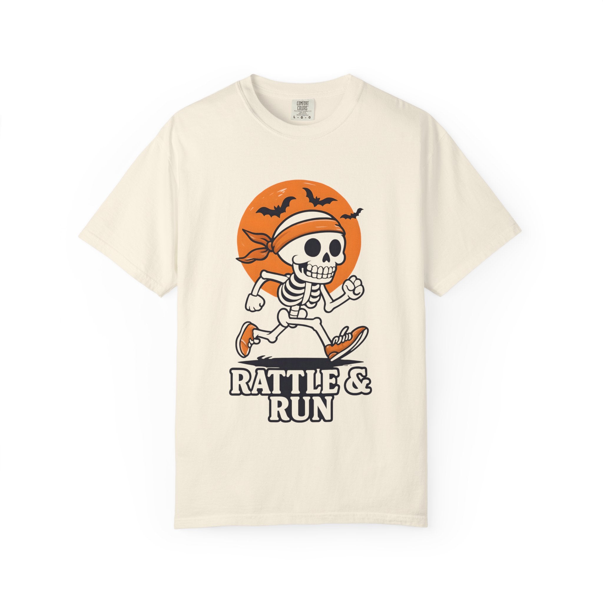 Ivory unisex T-shirt with orange skeleton rattle & run front design