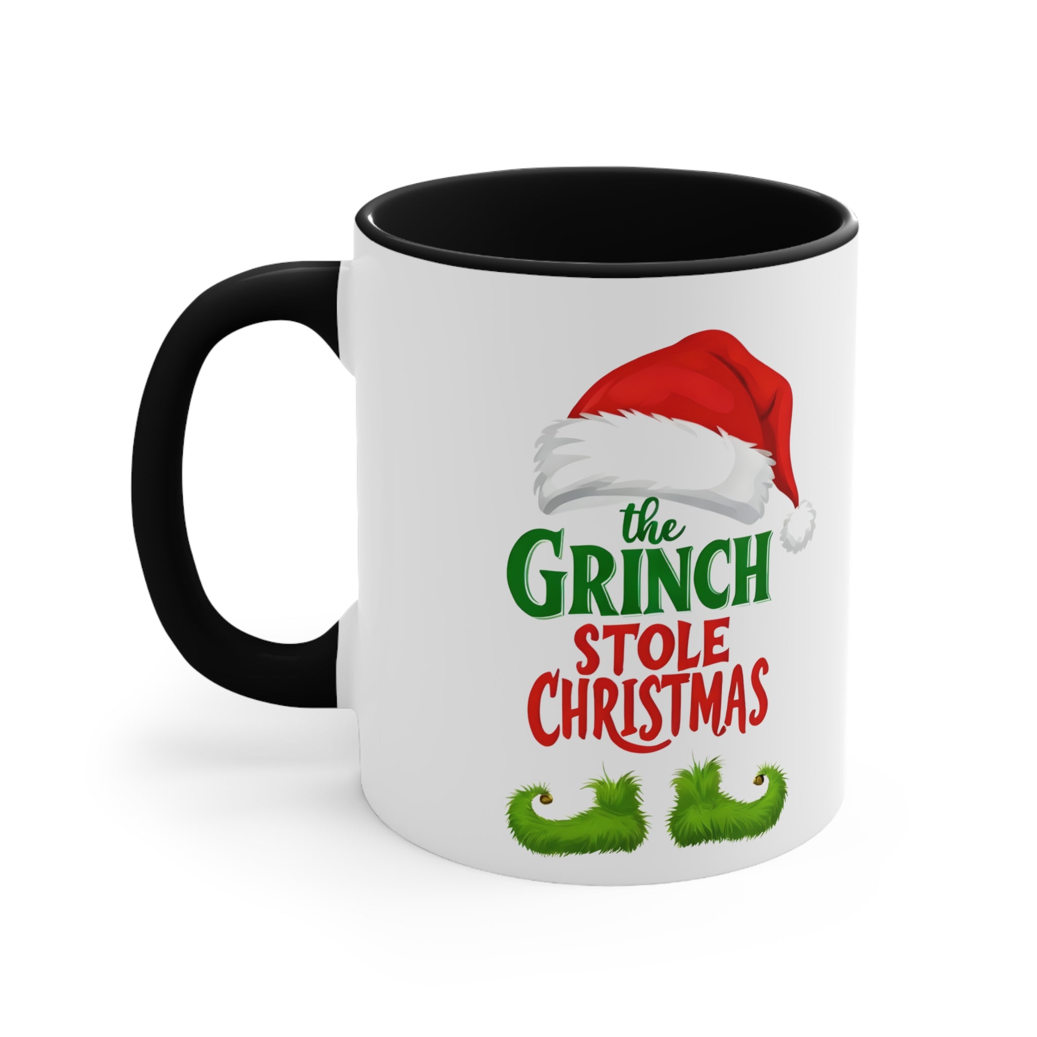 Black interior mug with white body, black handle, and Grinch holiday graphic