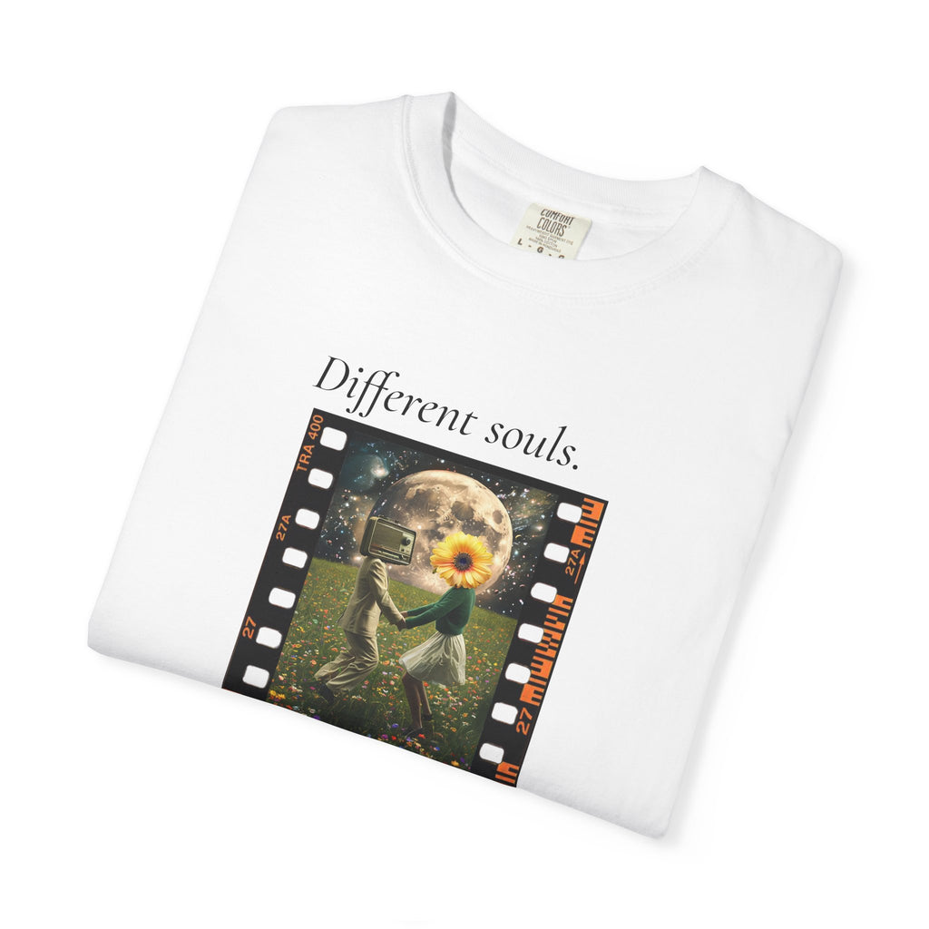 White crewneck T-shirt with sunflower filmstrip graphic and “Different souls” and “Same rhythm”.