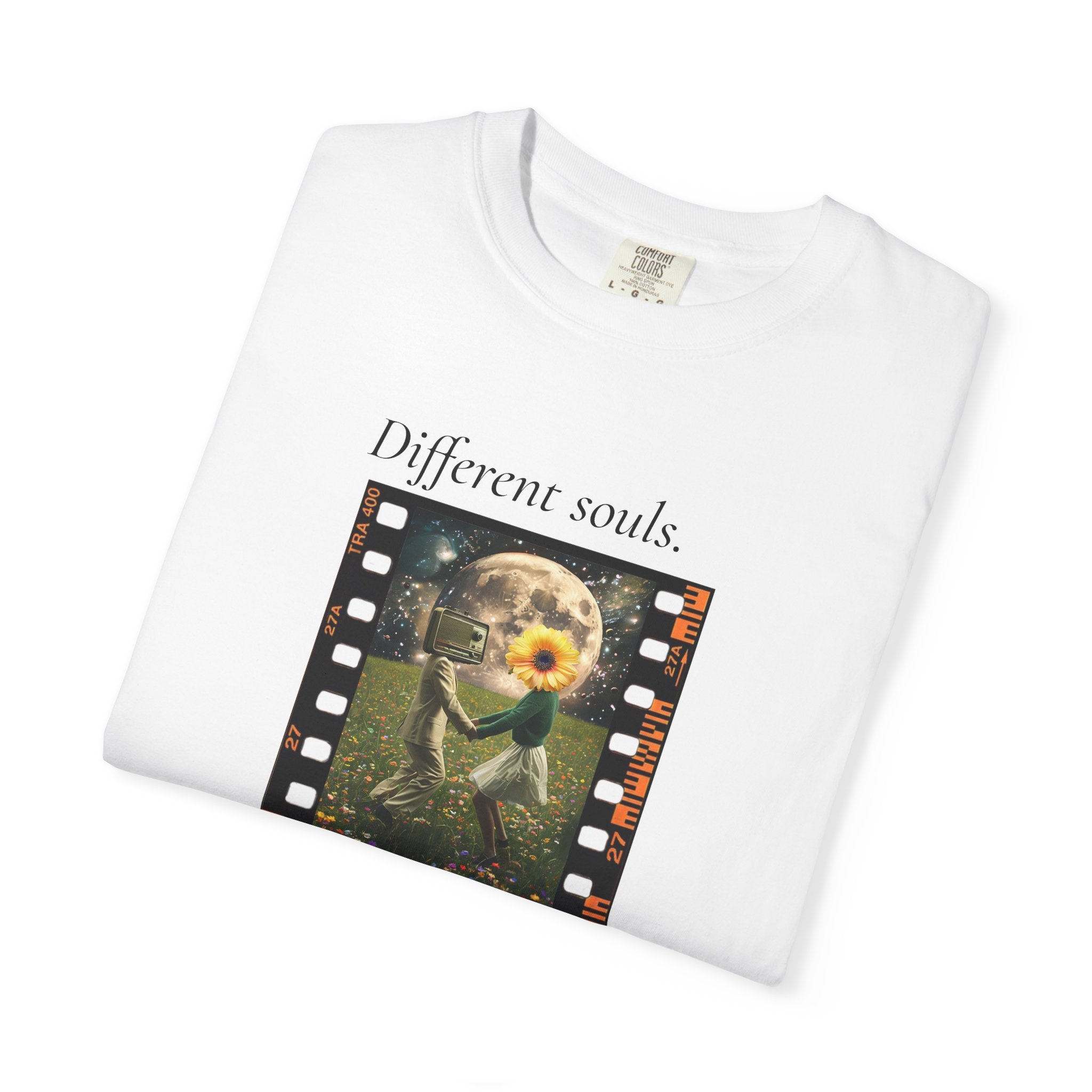 White crewneck T-shirt with sunflower filmstrip graphic and “Different souls” and “Same rhythm”.