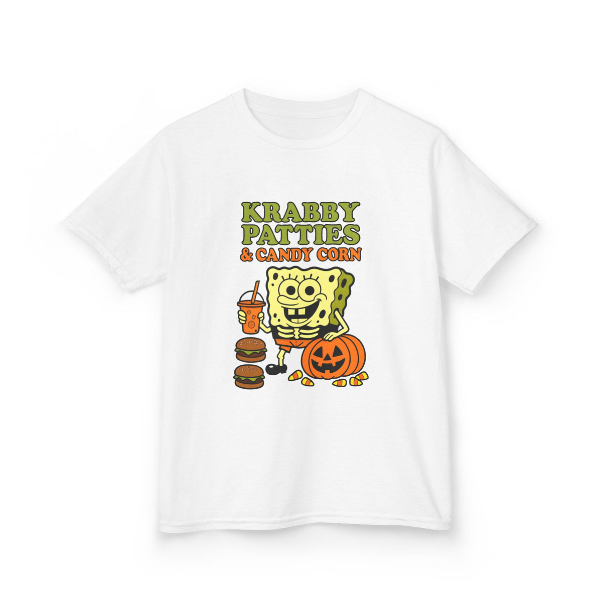 White kids graphic T-shirt with Krabby Patties & Candy Corn logo and character