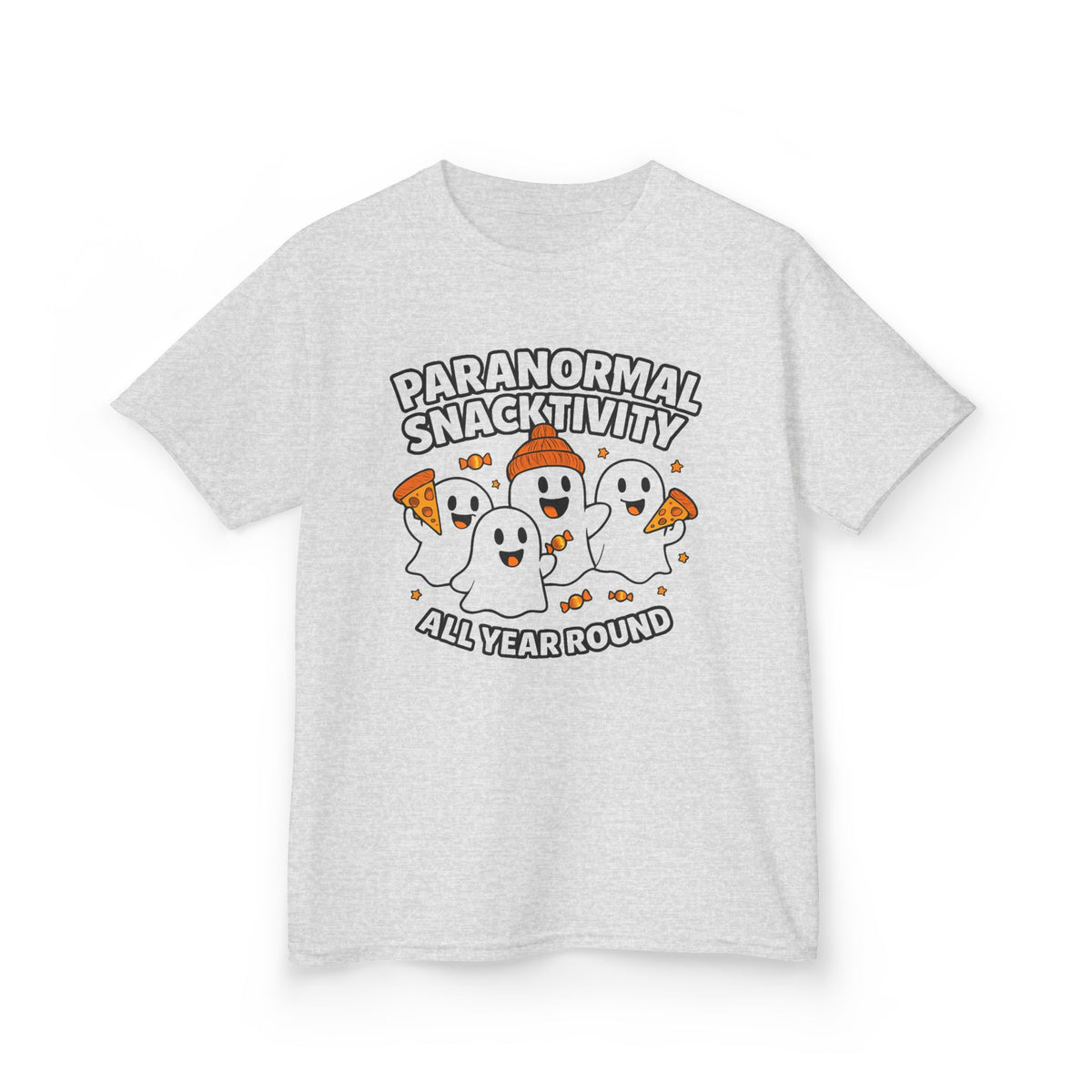 Kids heather gray T-shirt with cute ghost cartoon graphic and 'All Year Round' text