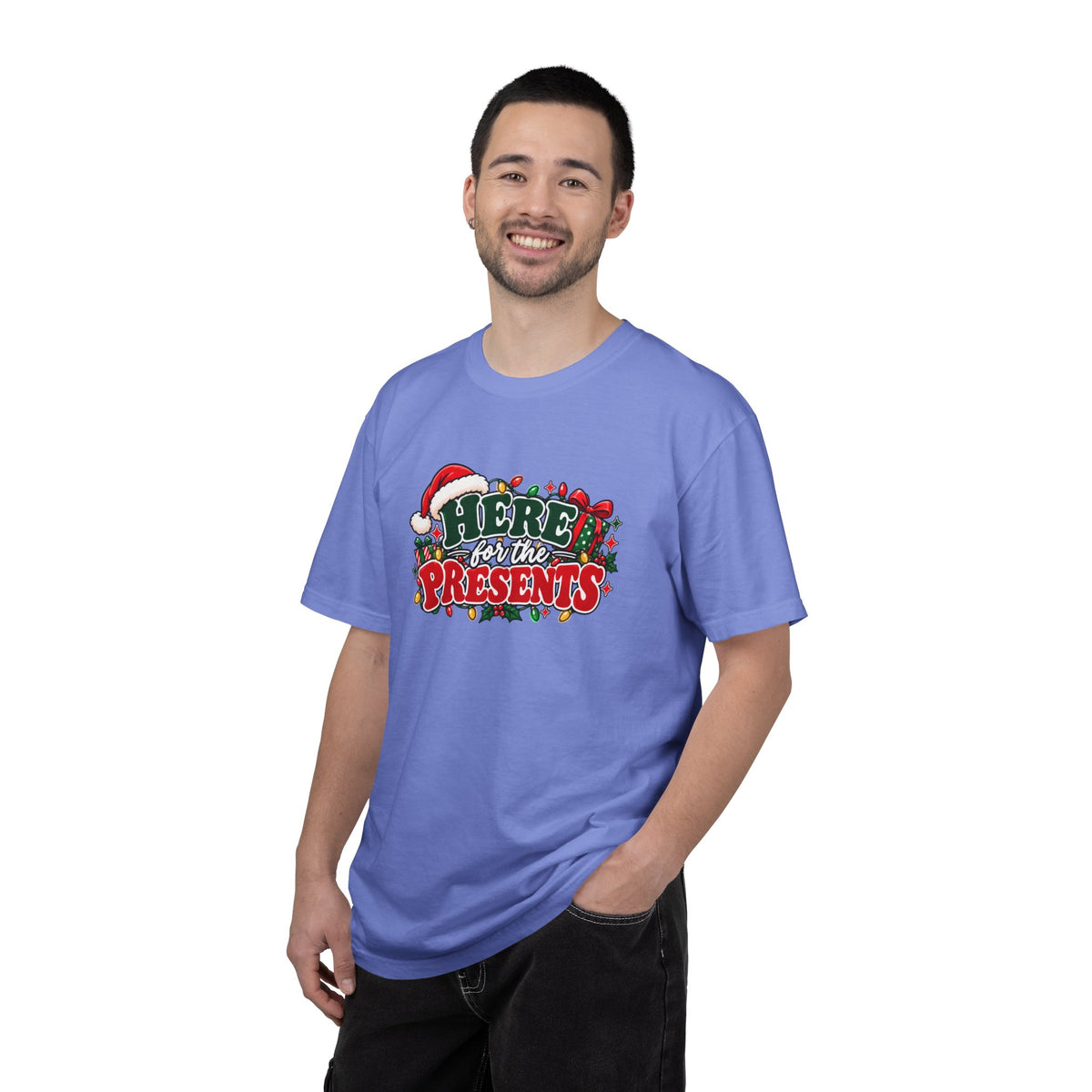 Light blue crew-neck T-shirt with holiday graphic "Here for the Presents"
