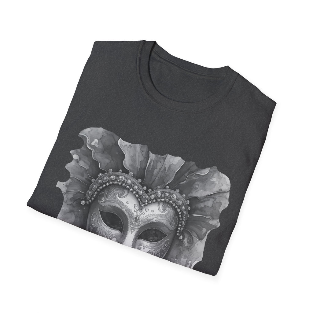 Charcoal face mask graphic t-shirt with grey watercolor-style masquerade design on chest