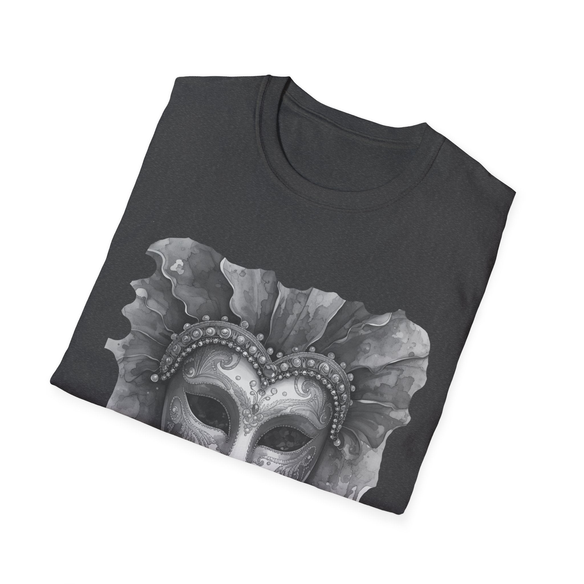 Charcoal face mask graphic t-shirt with grey watercolor-style masquerade design on chest