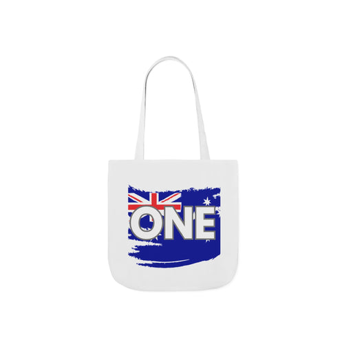 White canvas tote bag with front blue "ONE" graphic and red/blue flag design.