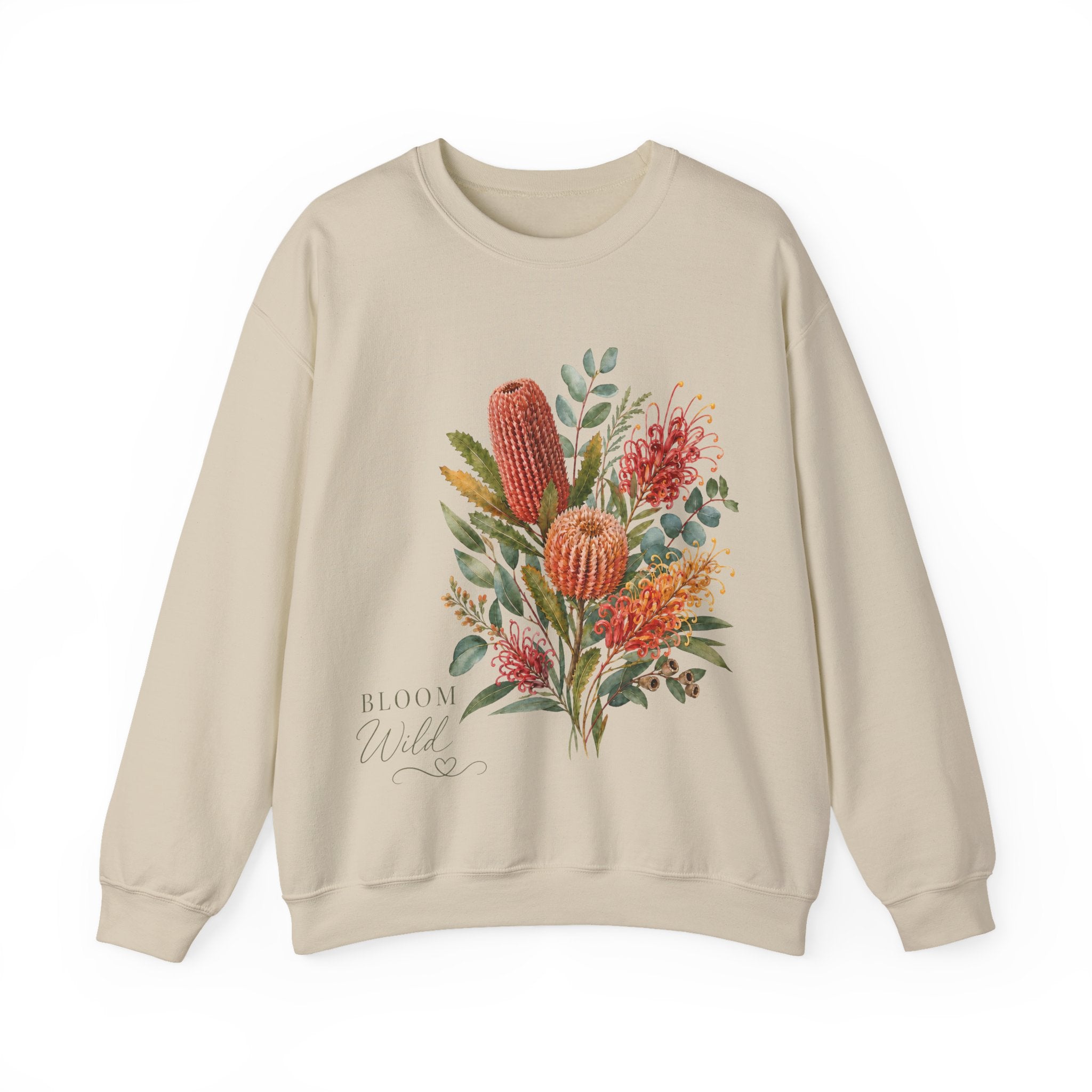 Sand beige crewneck sweatshirt with wildflower bouquet and 'Bloom Wild' text, long sleeves