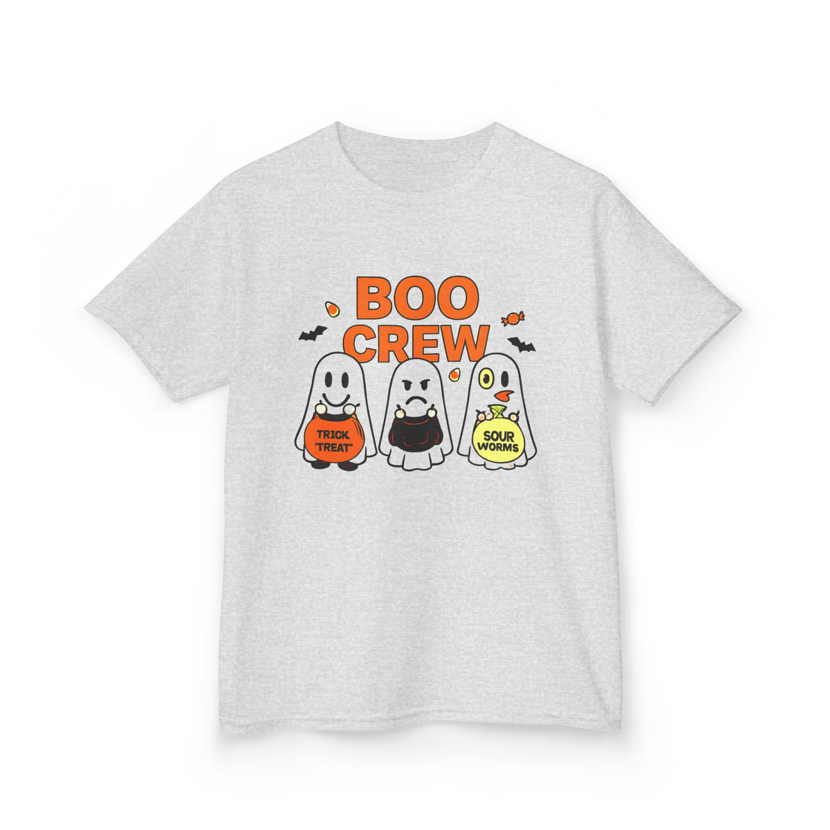 Kids ash Halloween T-shirt with orange 'Boo Crew' monster lineup graphic